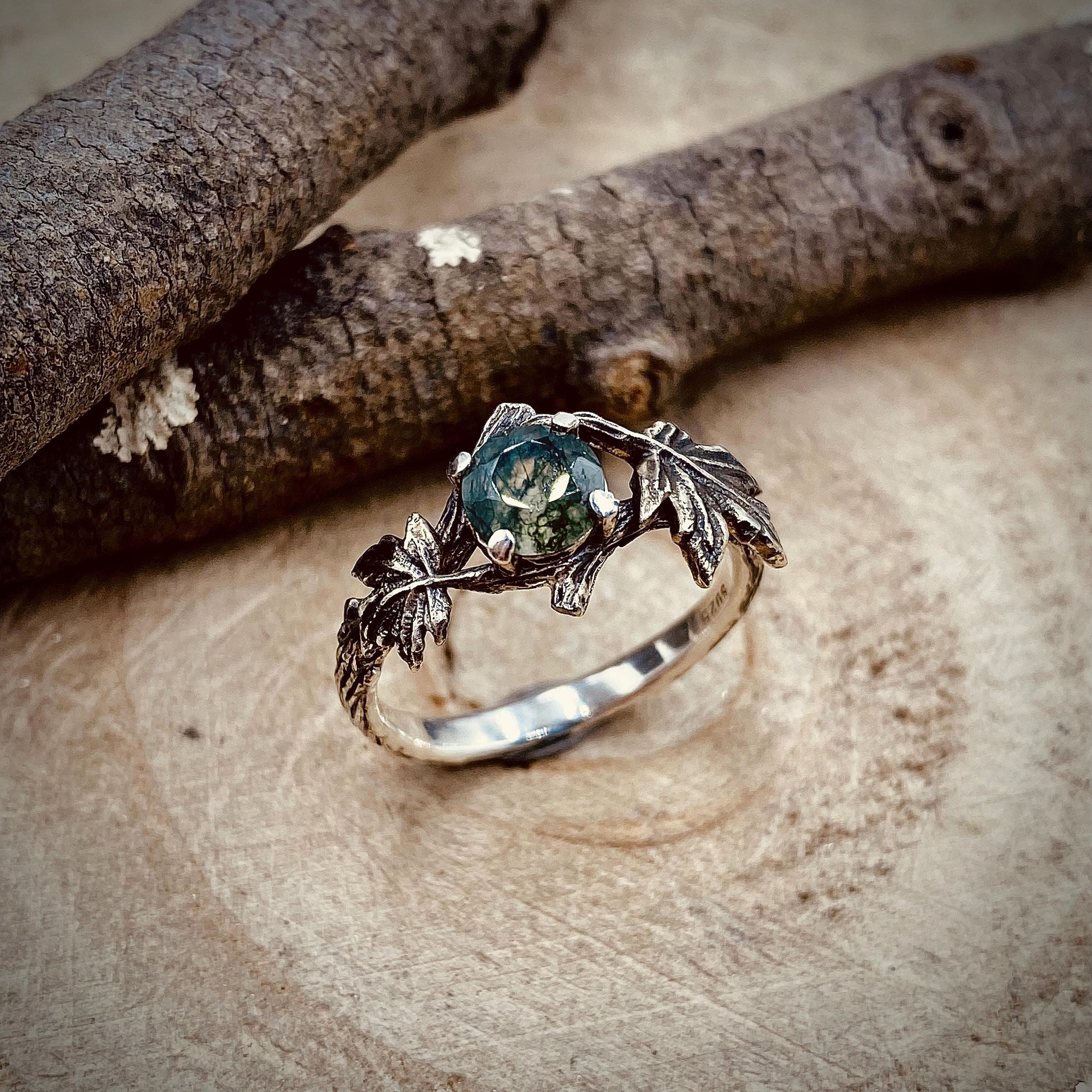 Sterling silver hand-carved branch ring, unique woodland maple leaf ring, natural moss agate wedding twig ring, anniversary ring