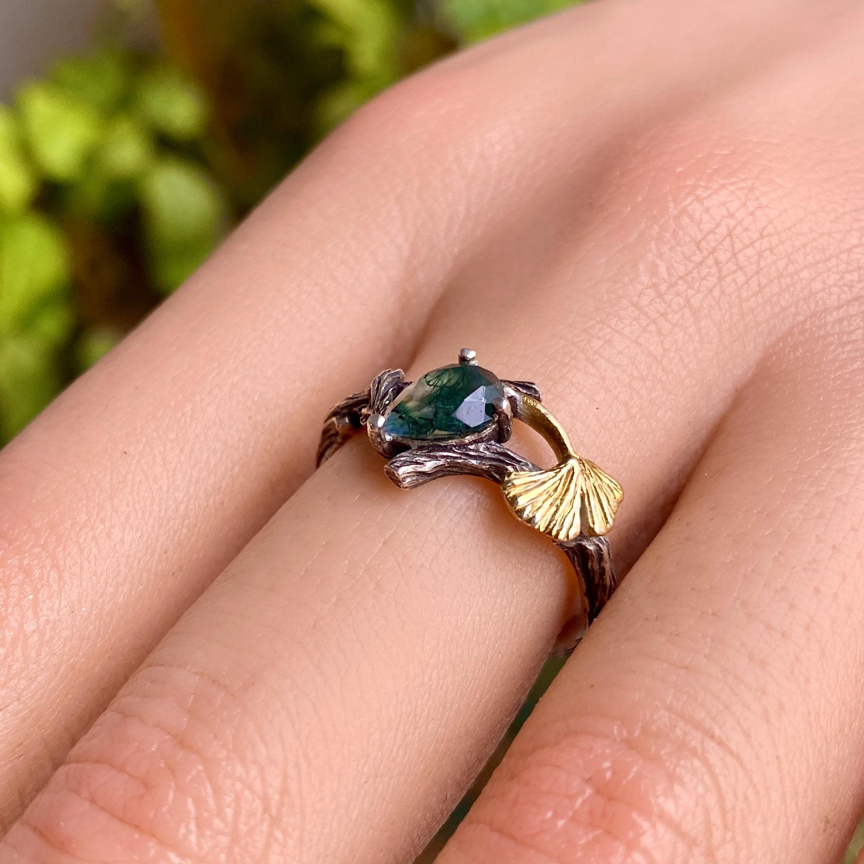 S925 Sterling Silver Natural Moss Agate Branch Ring, Ginkgo Leaf Wedding Ring, Hand-Carved Female Branch Engagement Ring with Gemstone