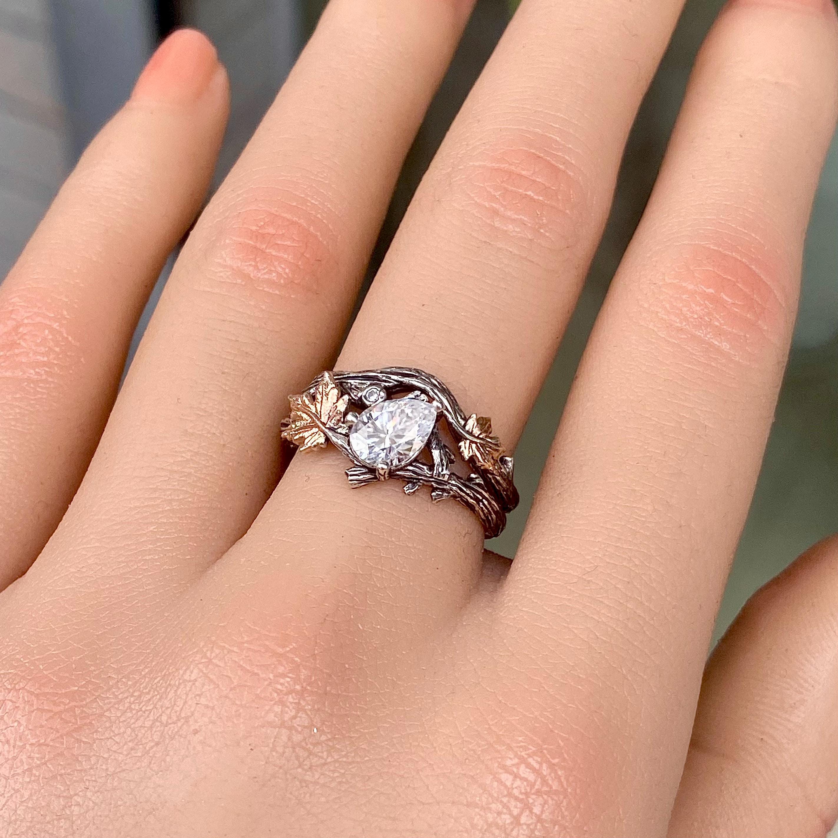 Unique moissanite branch silver ring, vintage engagement ring, personalized wedding branch ring, stacking ring, maple leaf ring