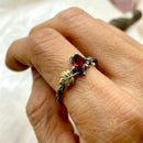 Unique garnet branch silver ring, hand-carved tree pattern wedding ring with maple leaf, personalized twig ring for women with stone