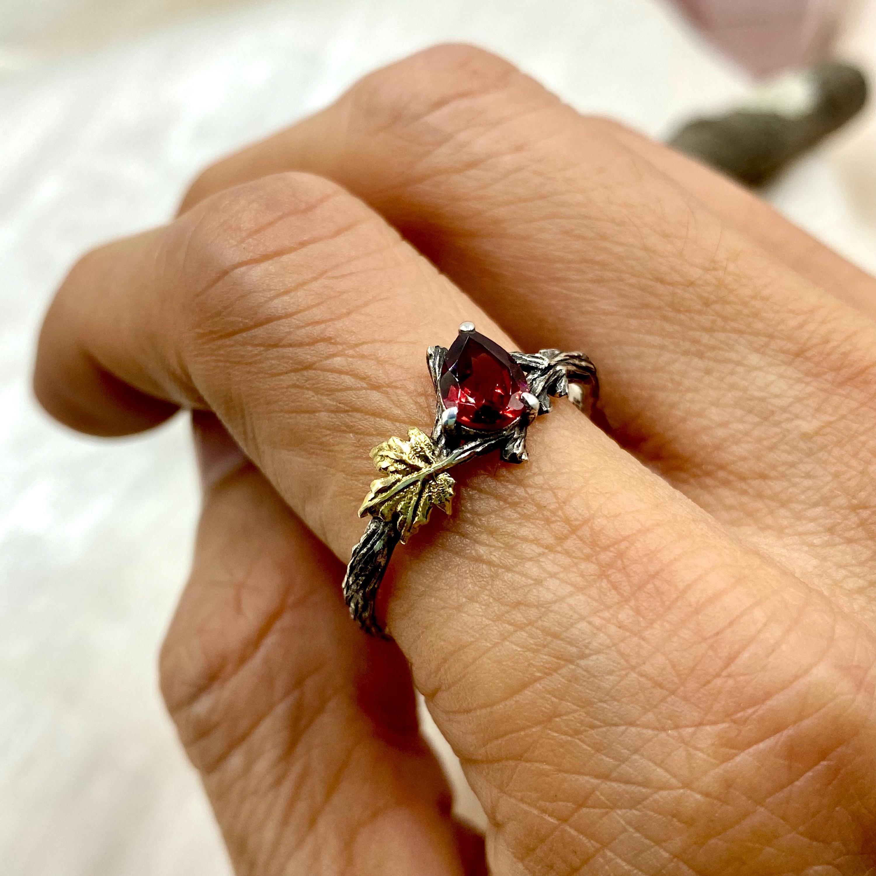 Unique garnet branch silver ring, hand-carved tree pattern wedding ring with maple leaf, personalized twig ring for women with stone