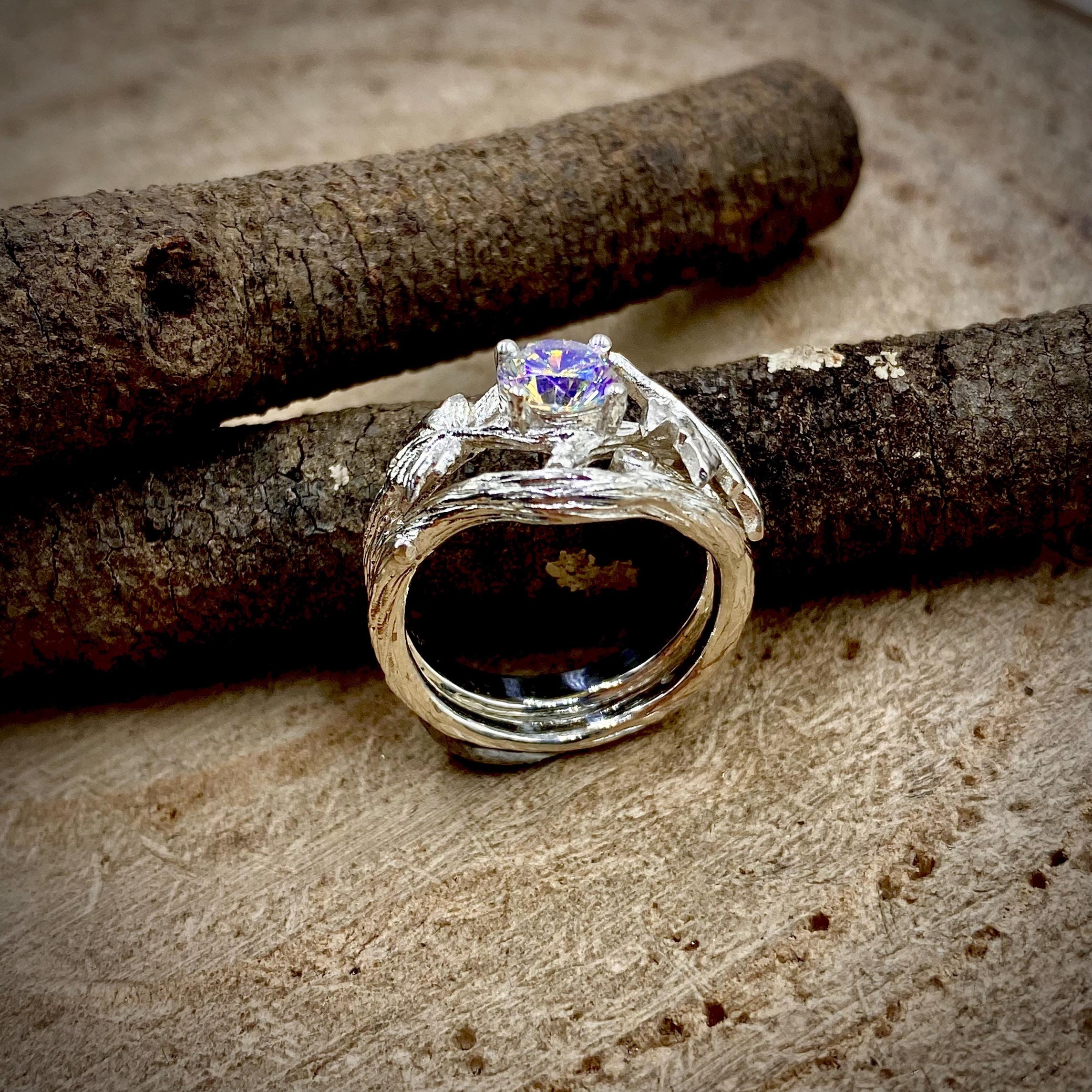 Sterling silver colored zircon maple leaf branch ring, stackable wedding twig ring, unique engagement ring set, custom gemstone