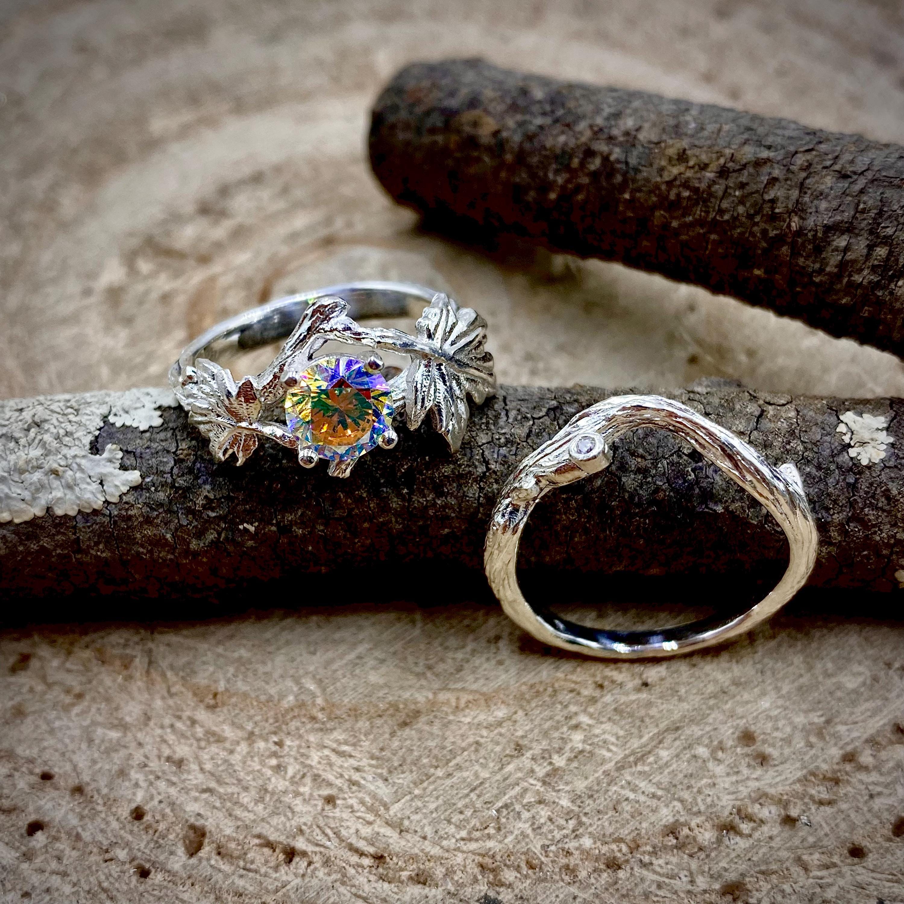 Sterling silver colored zircon maple leaf branch ring, stackable wedding twig ring, unique engagement ring set, custom gemstone