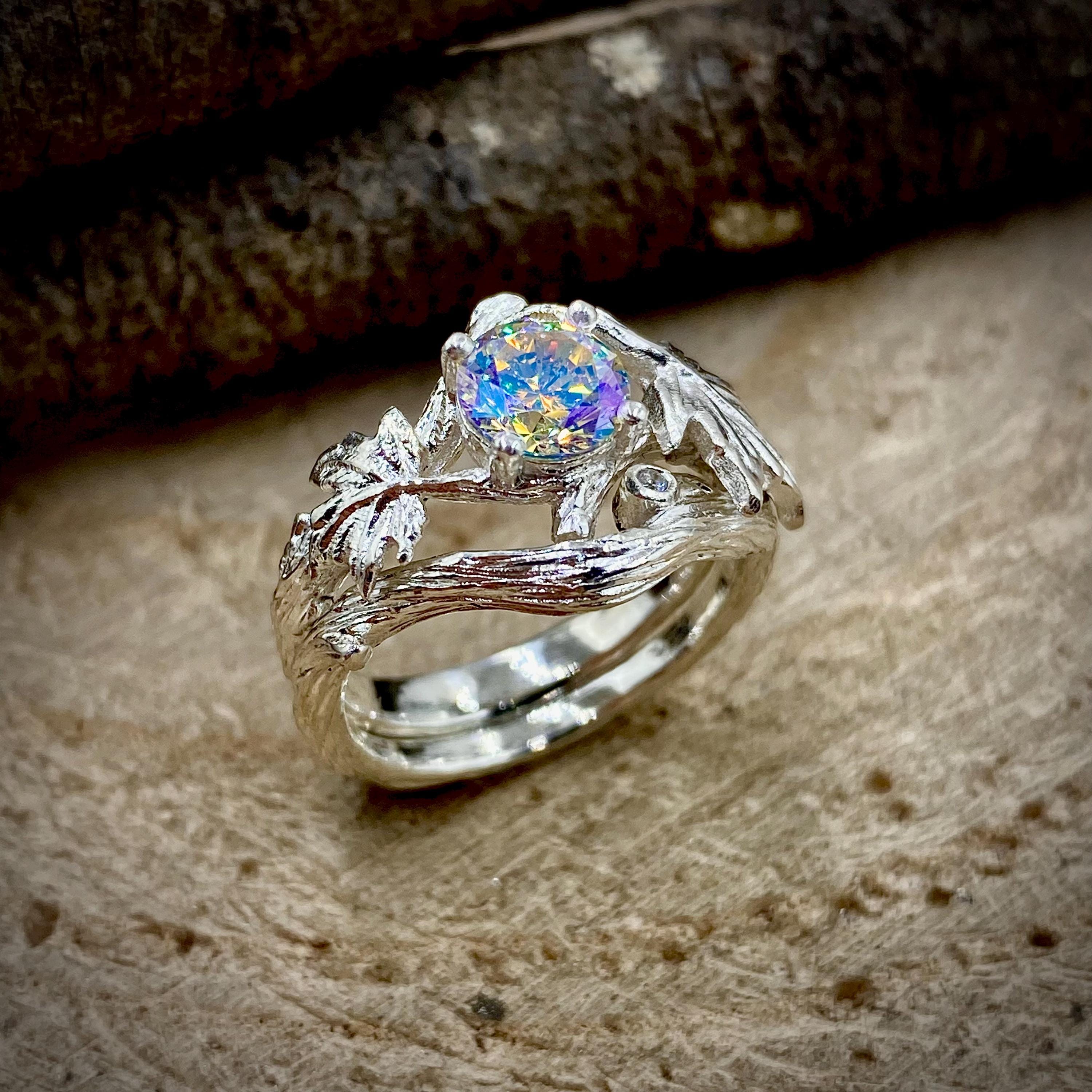 Sterling silver colored zircon maple leaf branch ring, stackable wedding twig ring, unique engagement ring set, custom gemstone