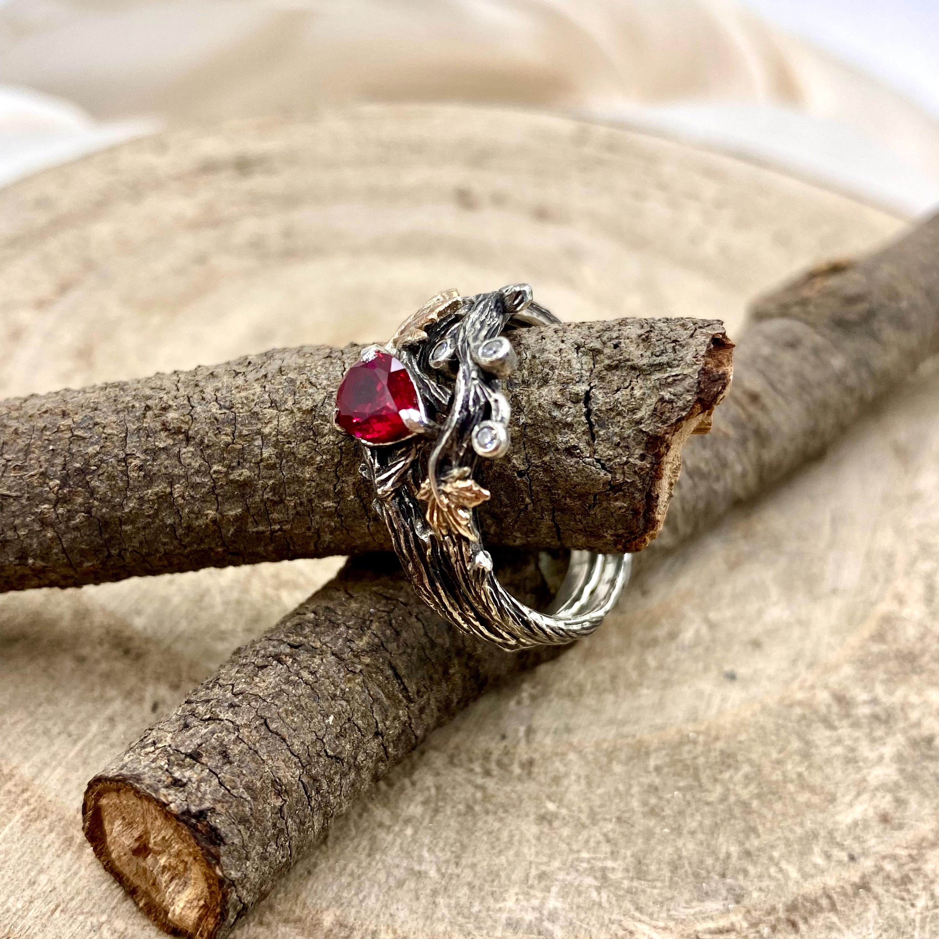Unique natural inspiration pure silver branch ring set, maple leaf ruby engagement ring set, branch leaf stacking ring set, promise ring