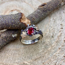Unique natural inspiration pure silver branch ring set, maple leaf ruby engagement ring set, branch leaf stacking ring set, promise ring