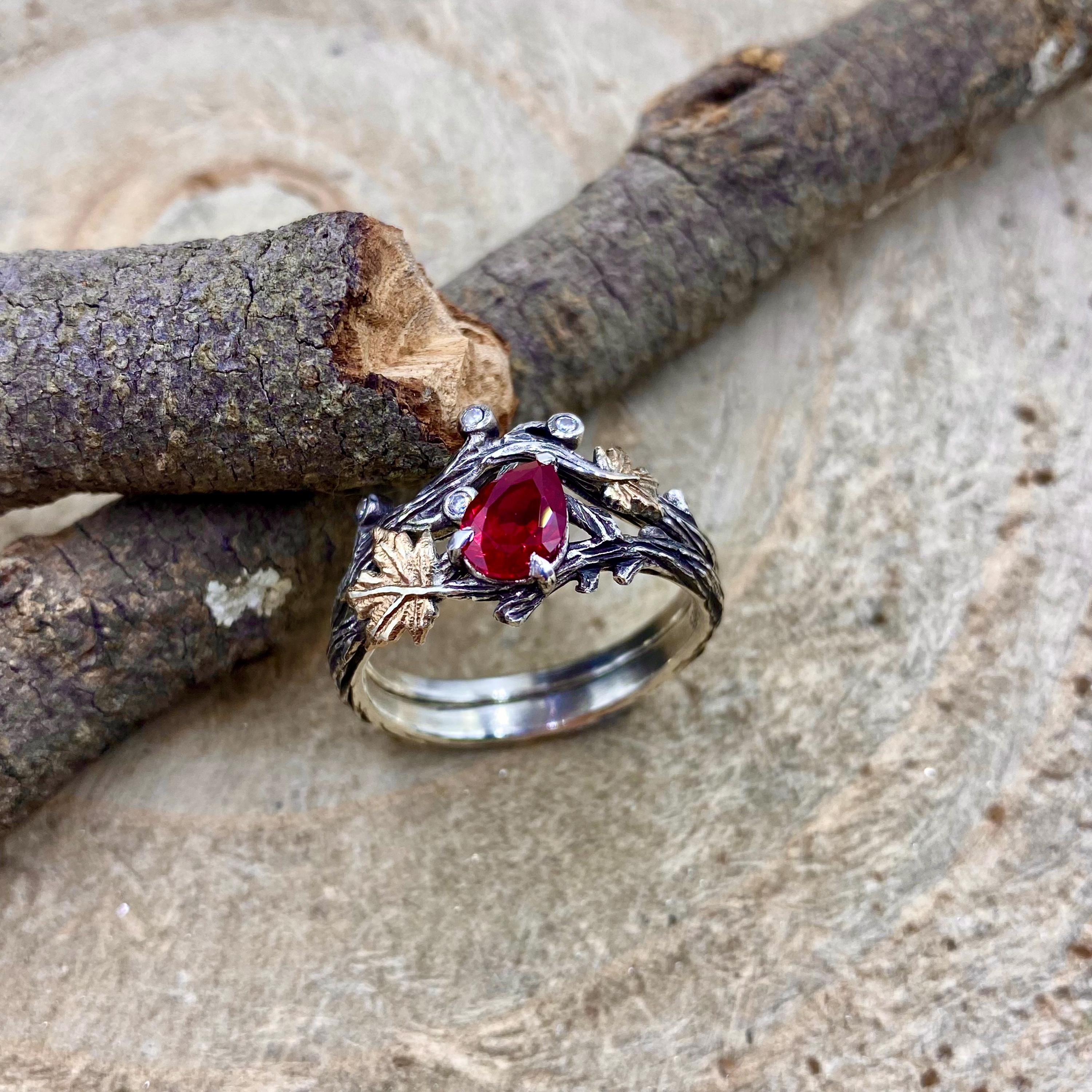 Unique natural inspiration pure silver branch ring set, maple leaf ruby engagement ring set, branch leaf stacking ring set, promise ring