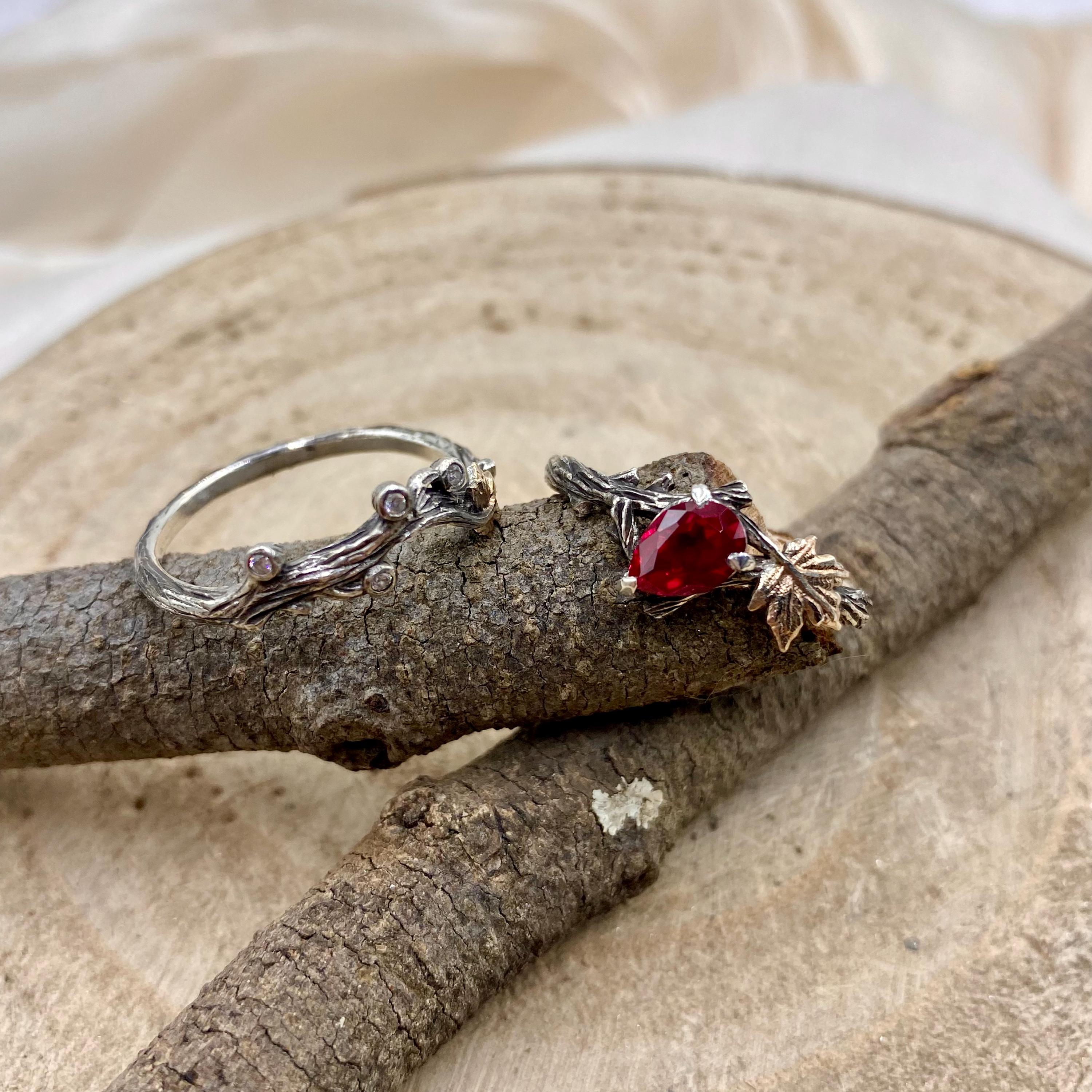 Unique natural inspiration pure silver branch ring set, maple leaf ruby engagement ring set, branch leaf stacking ring set, promise ring