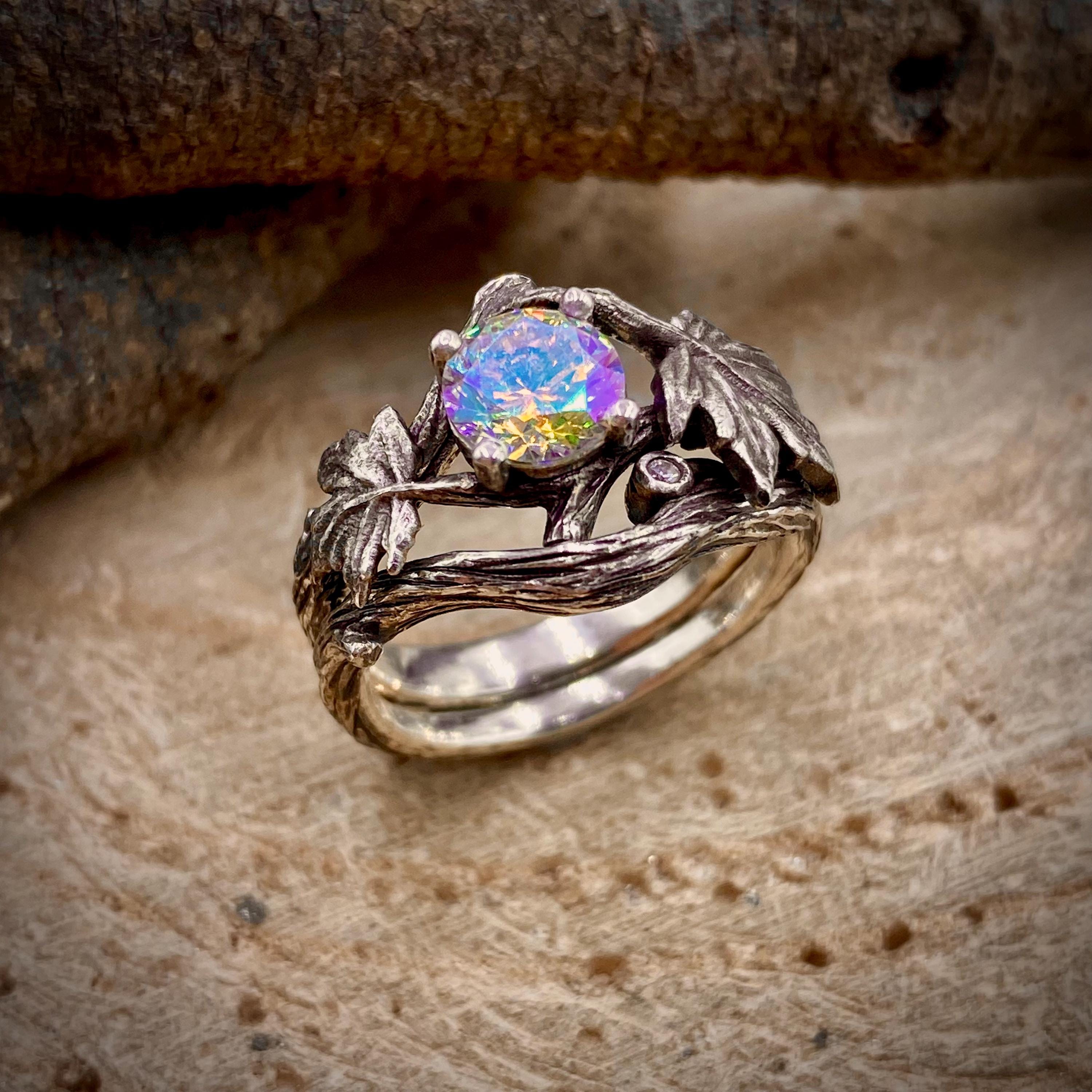 Hand-carved S925 sterling silver tree branch ring, maple leaf and colored zircon stackring ring, vintage twig and leaf pattern ring