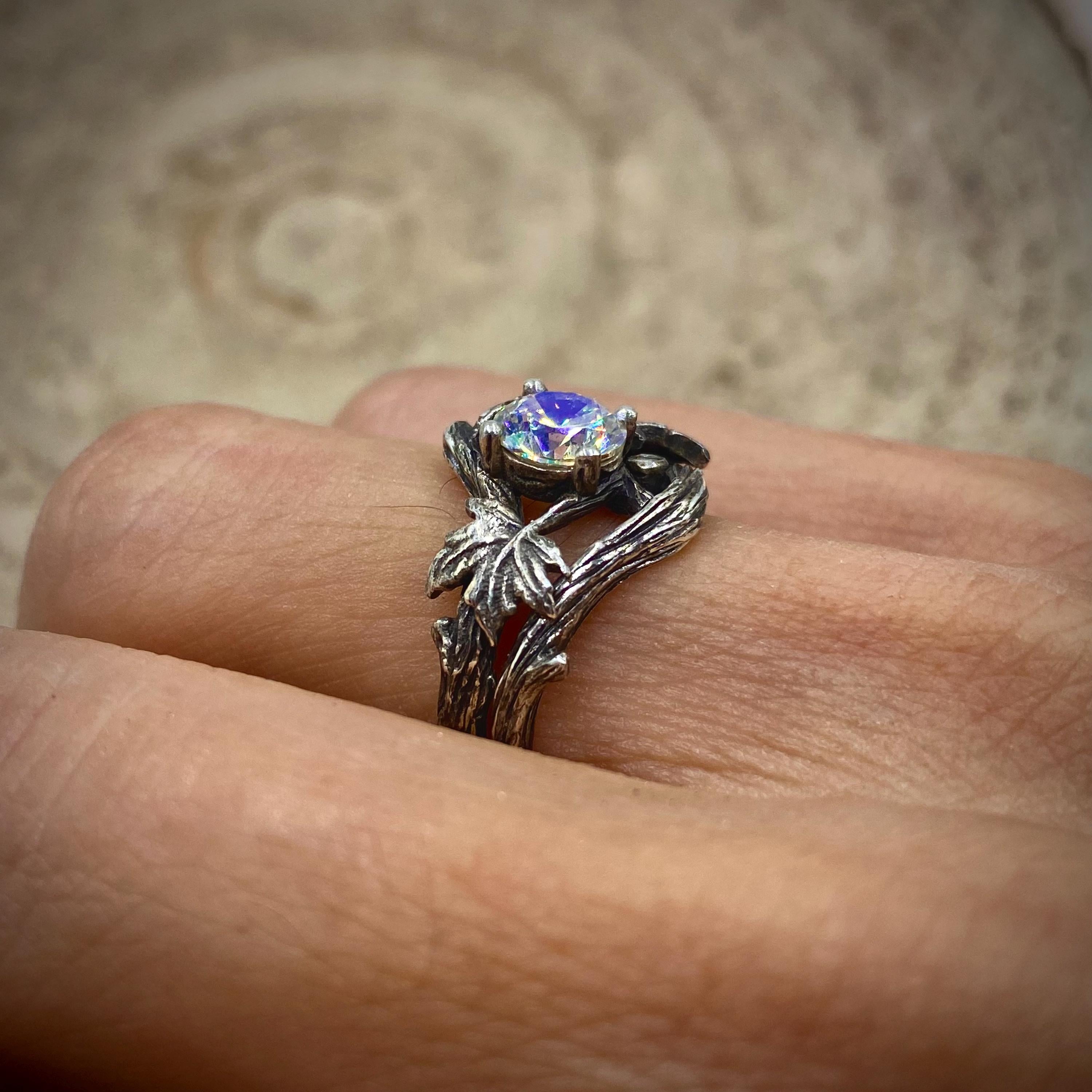 Hand-carved S925 sterling silver tree branch ring, maple leaf and colored zircon stackring ring, vintage twig and leaf pattern ring