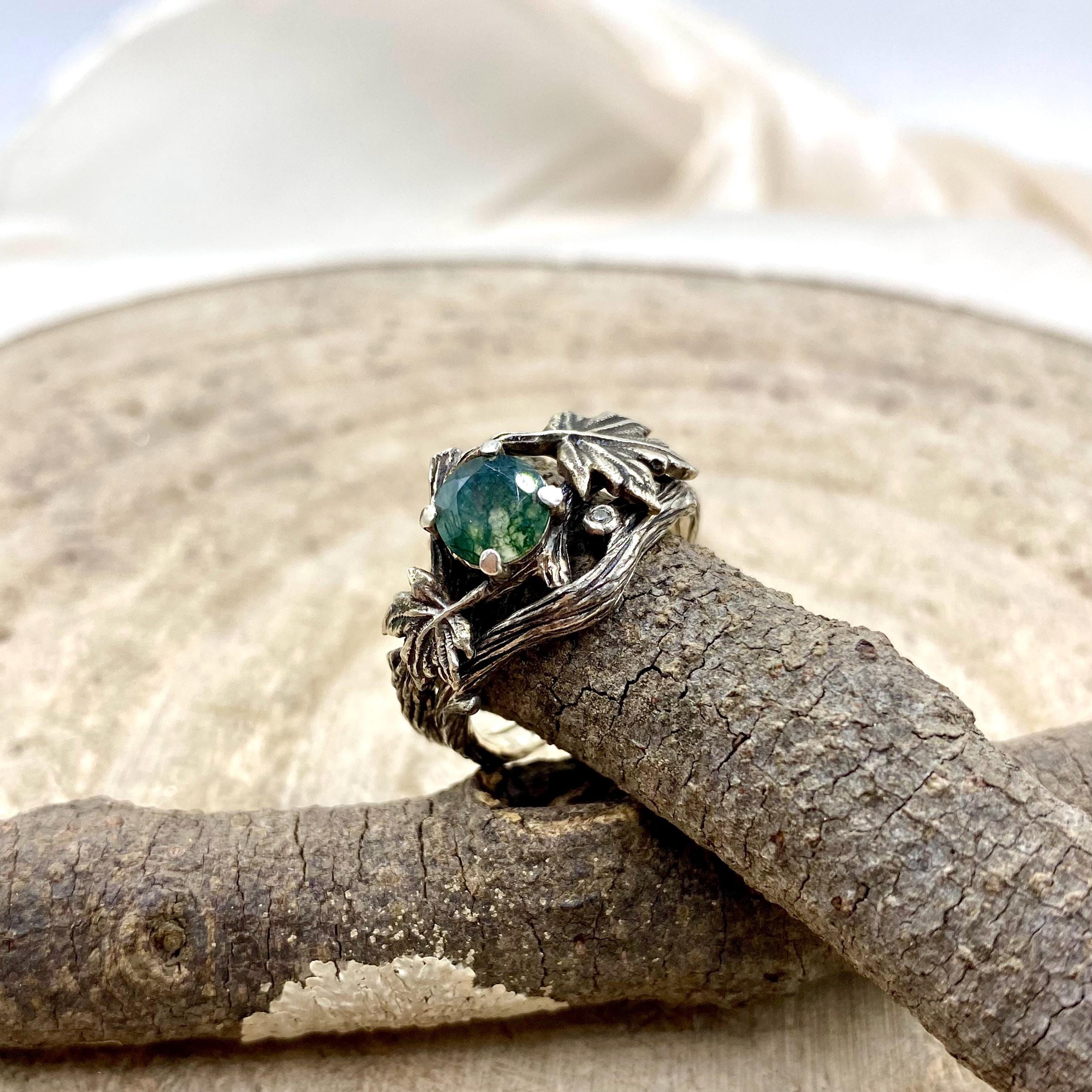 Natural moss agate silver branch ring: Stacking band, hand-carved wedding, twig and maple leaf, Wedding, Engagement, Custom gemstone