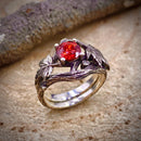 Sterling silver maple branch stacking wedding ring: padparadscha gemstone, hand-carved, custom stones, forests, woodlands