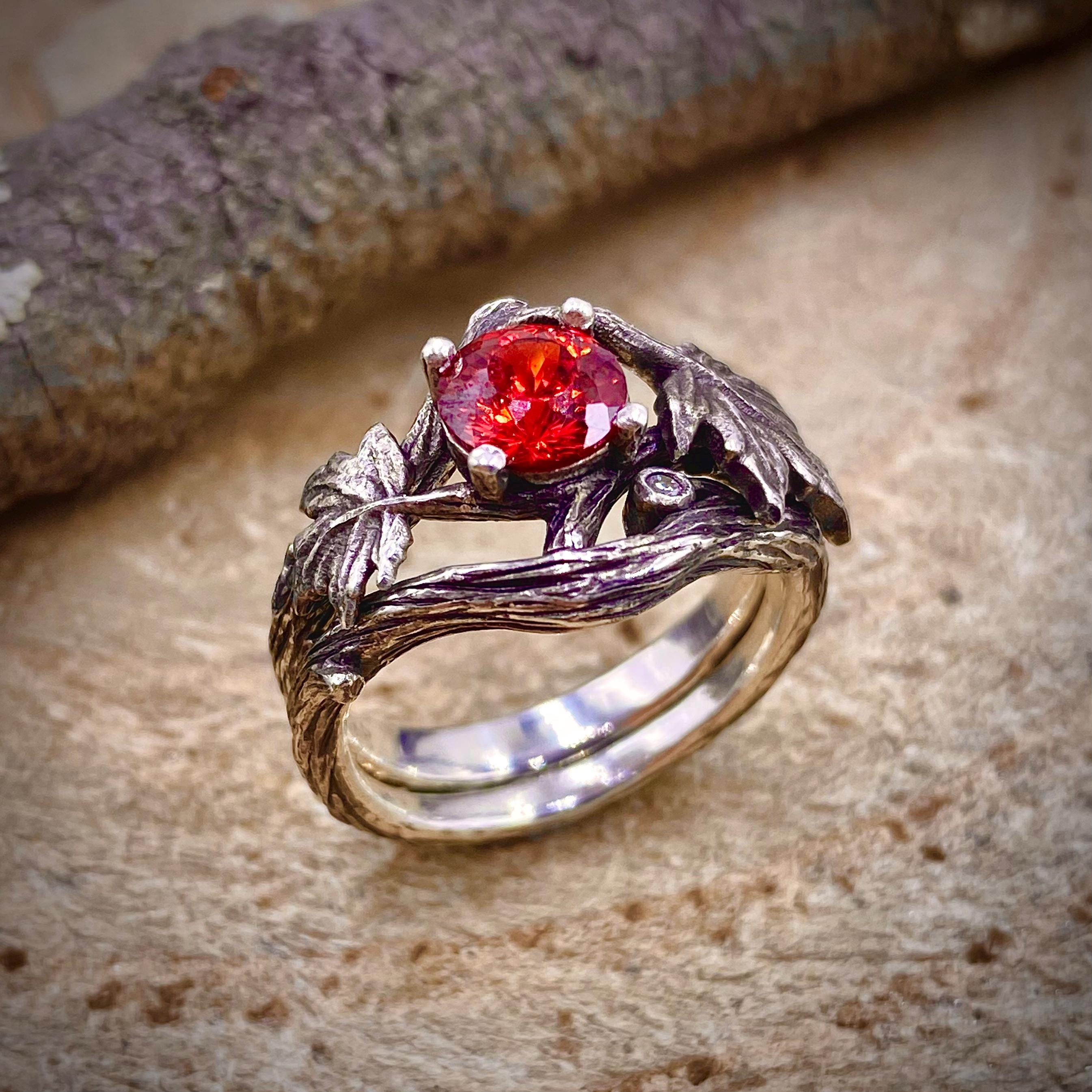 Sterling silver maple branch stacking wedding ring: padparadscha gemstone, hand-carved, custom stones, forests, woodlands