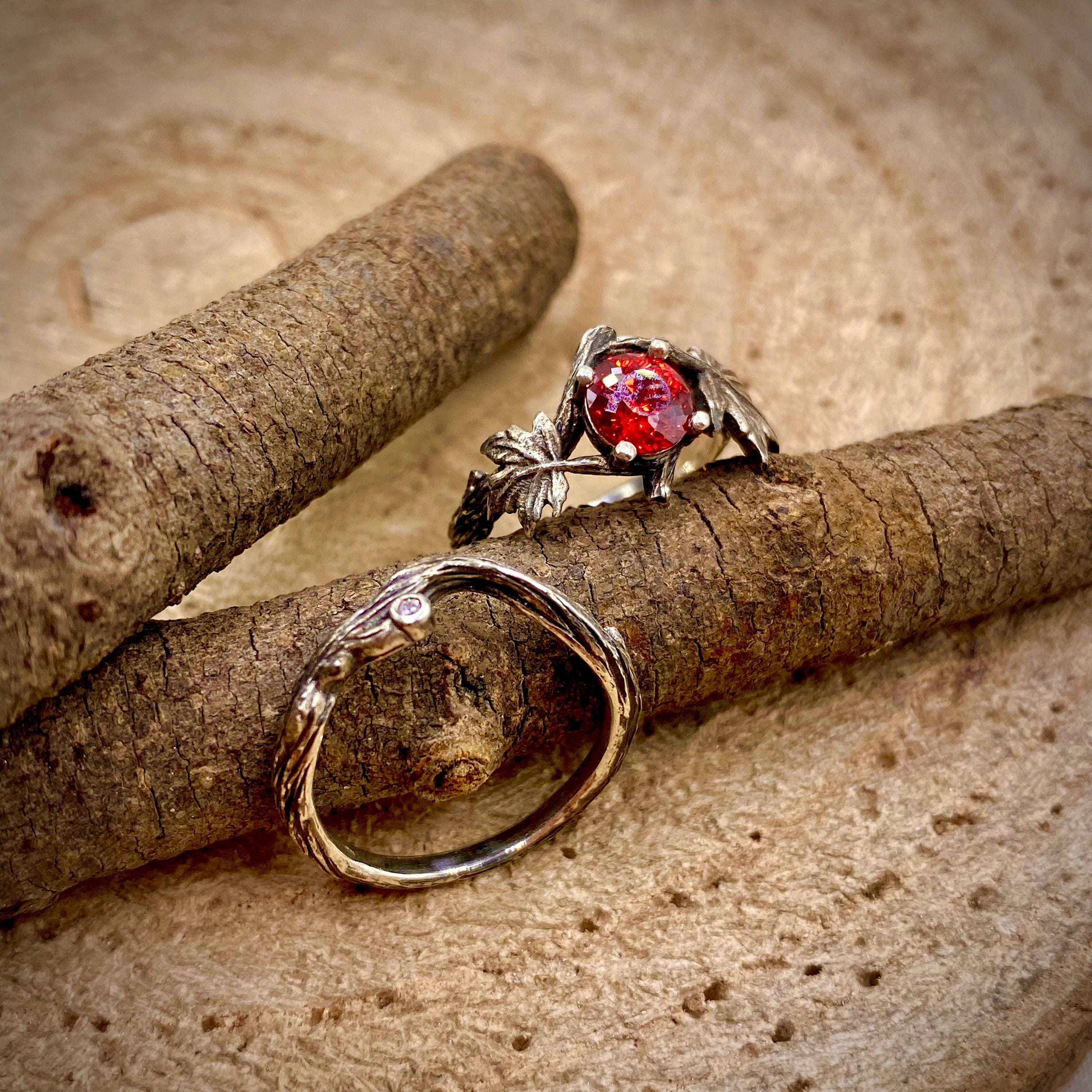 Sterling silver maple branch stacking wedding ring: padparadscha gemstone, hand-carved, custom stones, forests, woodlands