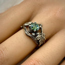 Sterling silver green moissanite leaf wedding ring: Maple leaves branch, hand-carved, twig engagement ring, woodland vintage