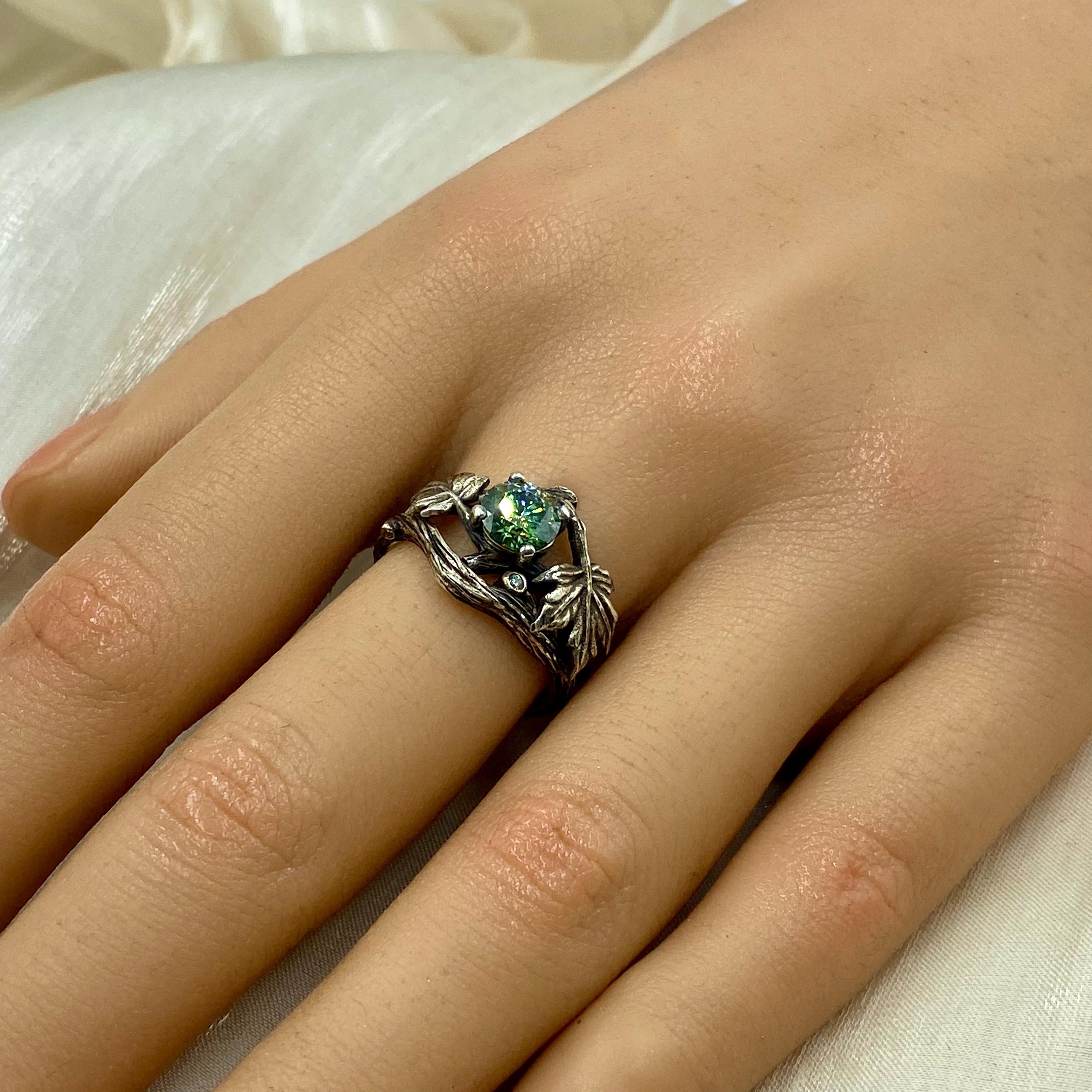 Sterling silver green moissanite leaf wedding ring: Maple leaves branch, hand-carved, twig engagement ring, woodland vintage