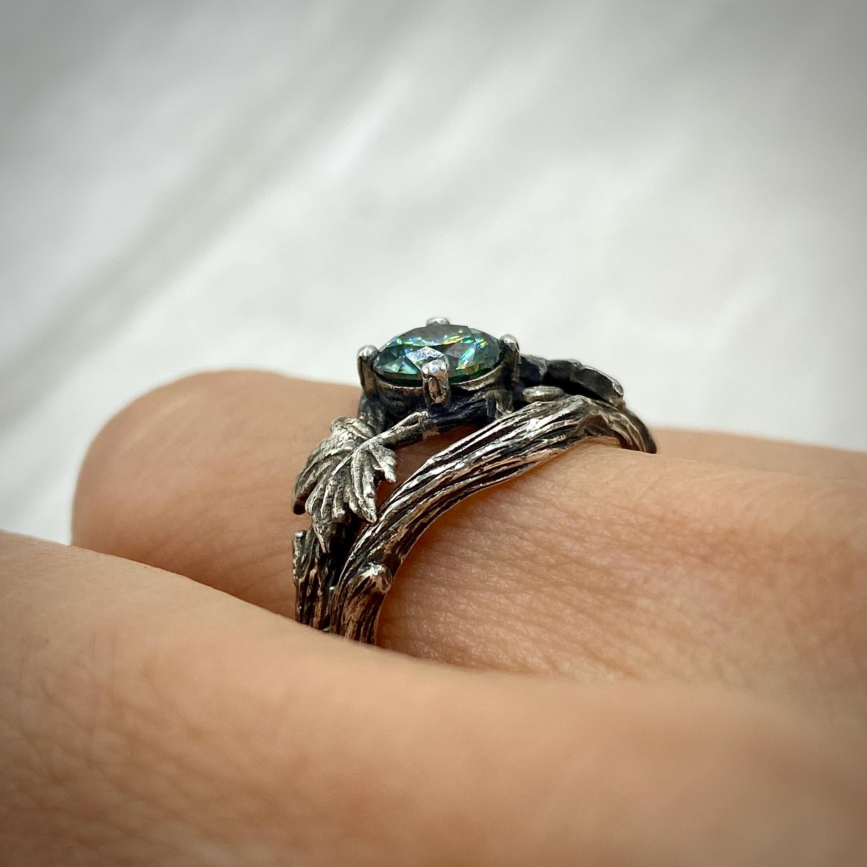 Sterling silver green moissanite leaf wedding ring: Maple leaves branch, hand-carved, twig engagement ring, woodland vintage