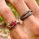 Vintage sterling silver branch and leaf couple rings, Padparadscha wedding twig ring set, maple leaf wedding ring, vintage men's twig ring