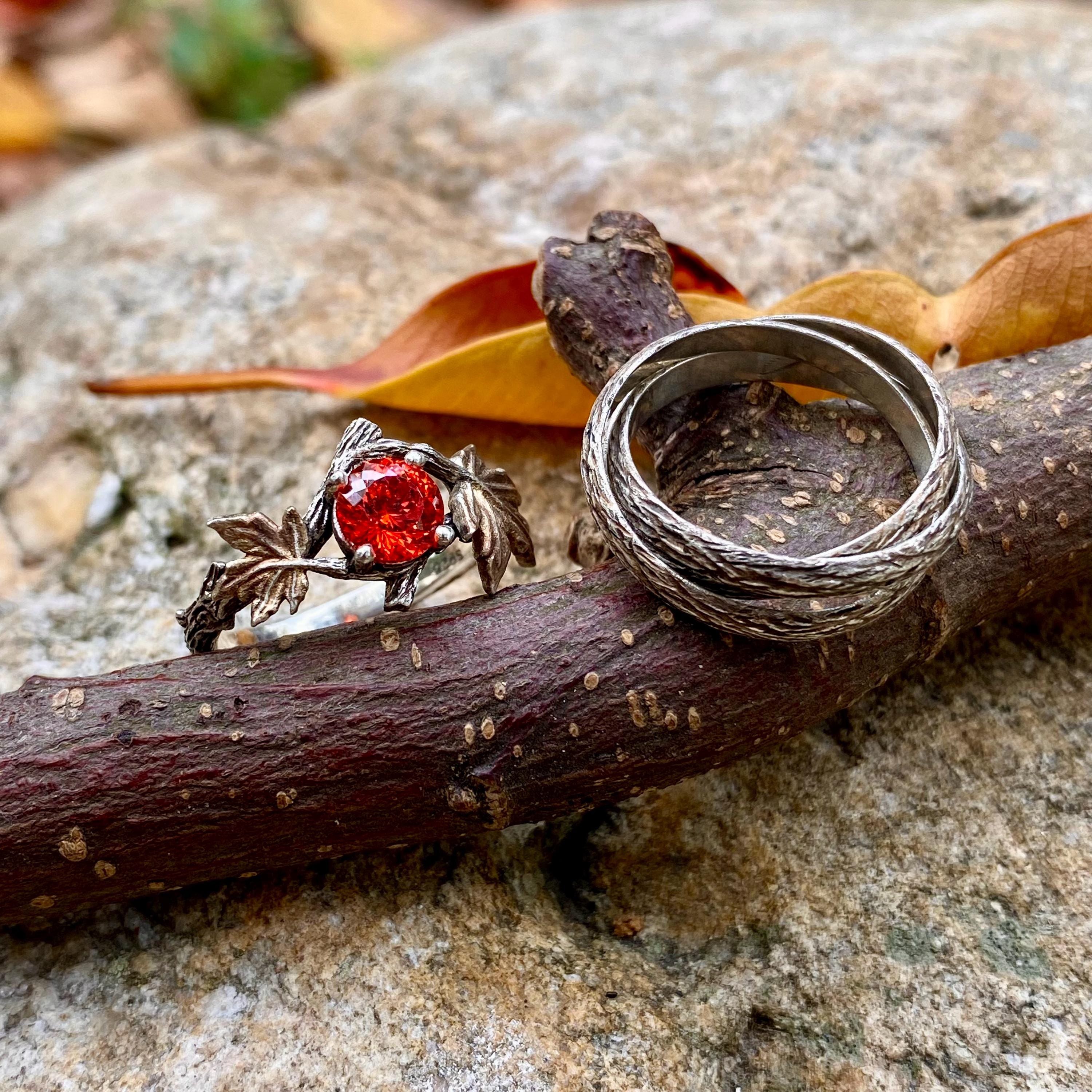 Vintage sterling silver branch and leaf couple rings, Padparadscha wedding twig ring set, maple leaf wedding ring, vintage men's twig ring