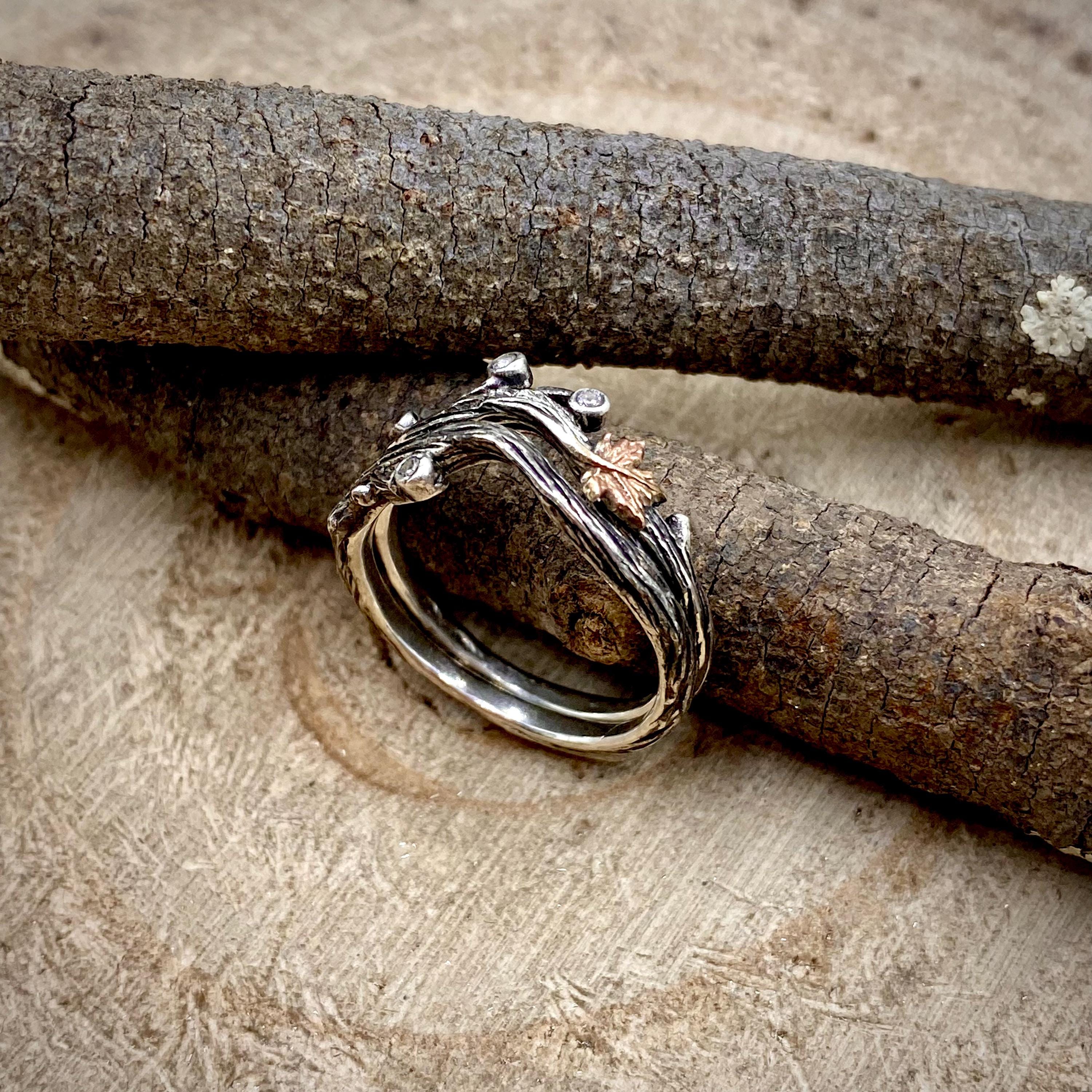 Sterling silver twig and leaf ring, nature-inspired maple leaf ring, vine wedding ring, enchanted forest ring, tree branch ring