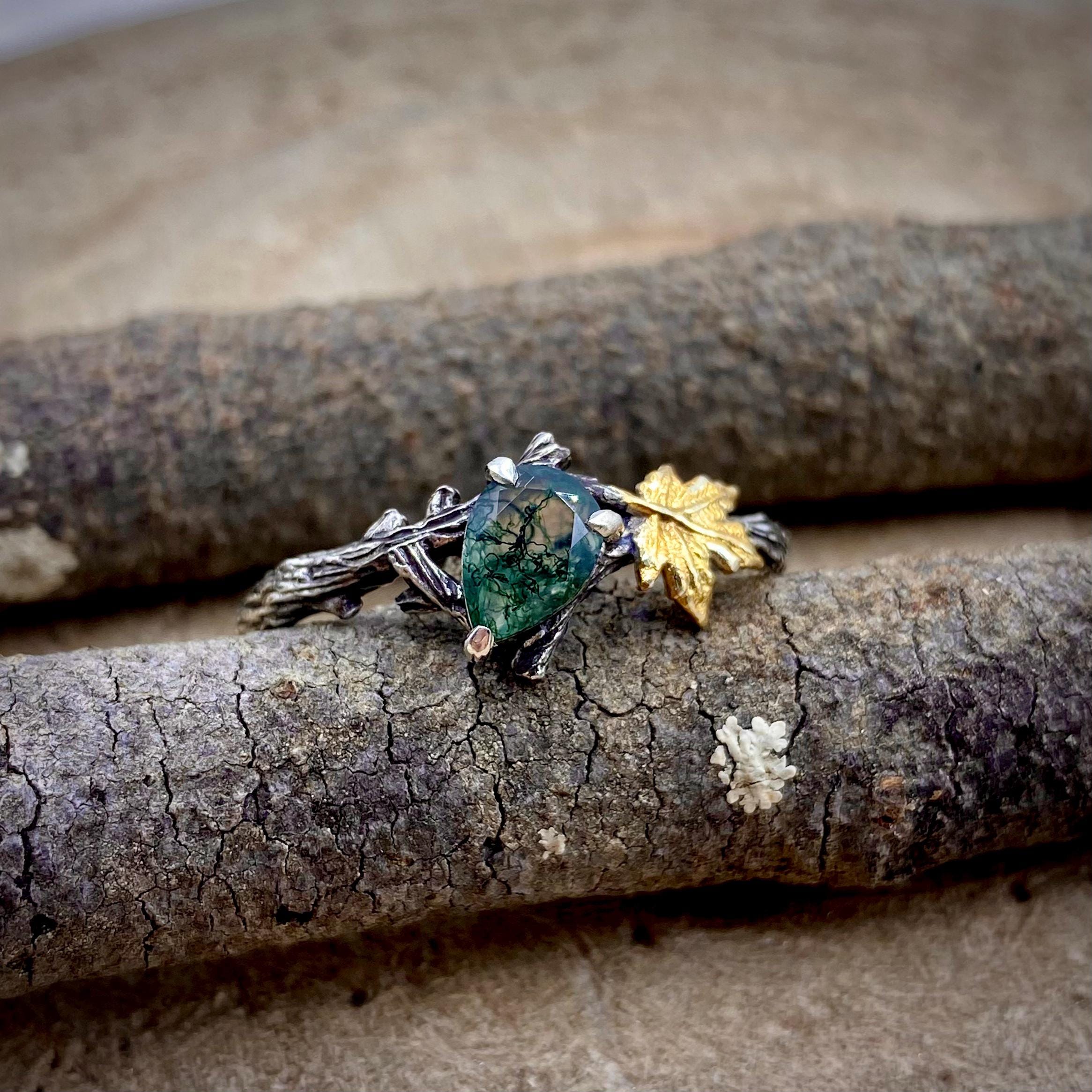 Natural moss agate sterling silver maple leaf branch ring, hand-carved with bark texture, personalized engagement ring, wedding twig ring