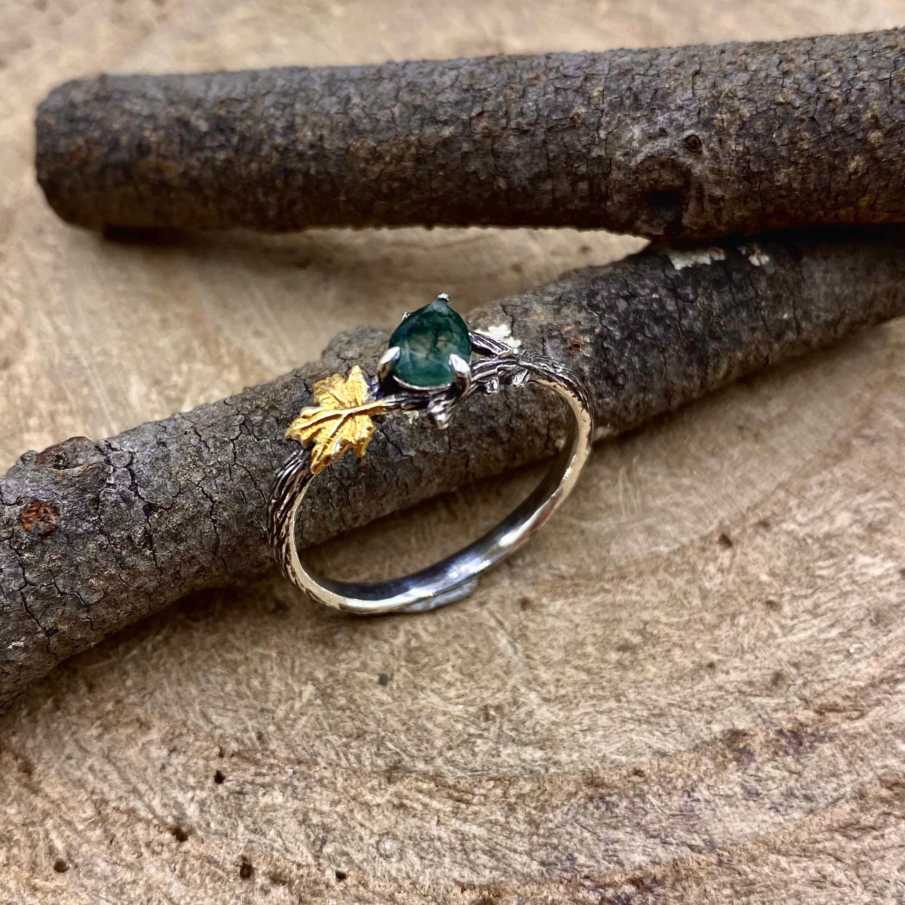 Natural moss agate sterling silver maple leaf branch ring, hand-carved with bark texture, personalized engagement ring, wedding twig ring