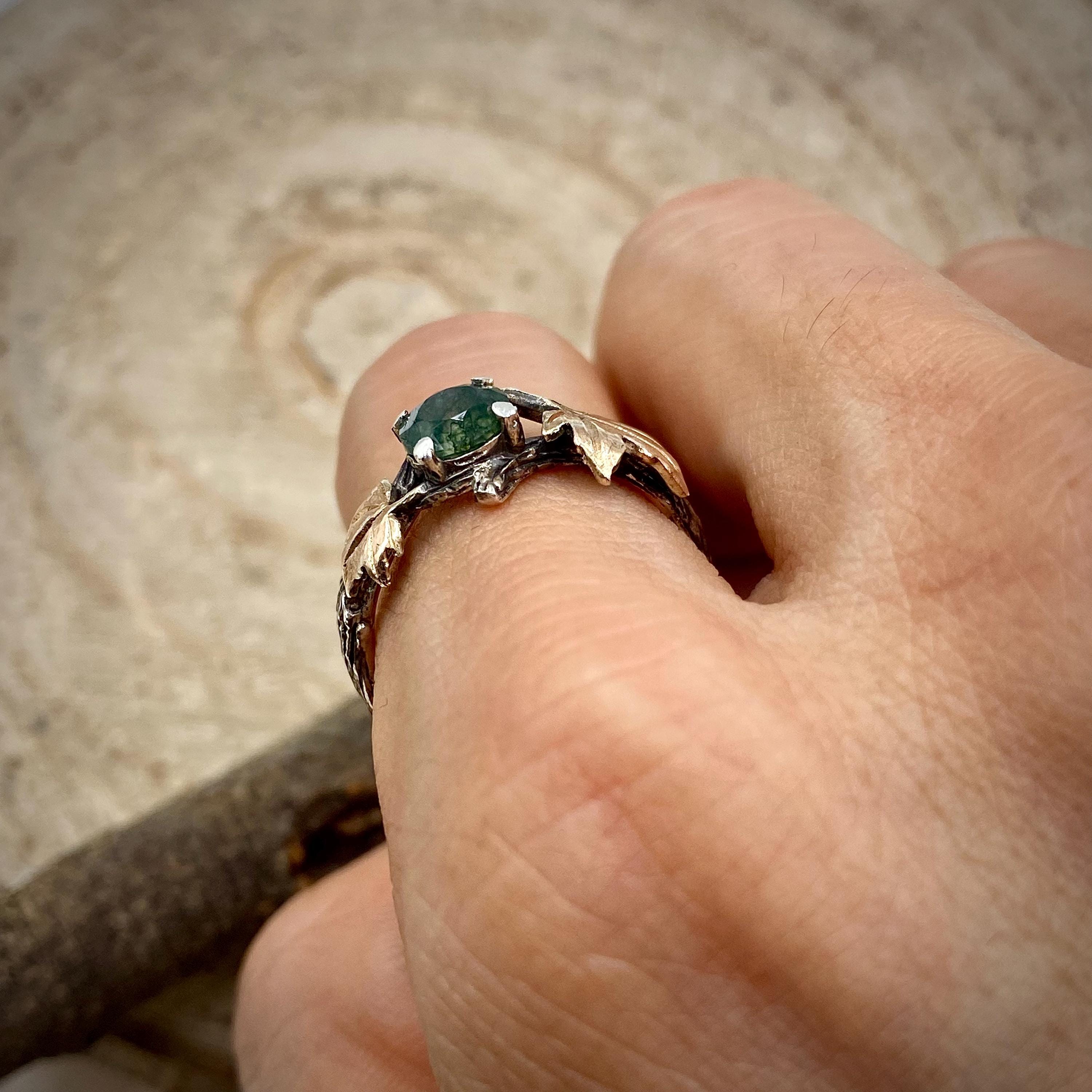 Hand Carved Sterling Silver Moss Agate Ring: Maple Leaf Twig Design, Tree Branch Ring, Engagement Gift, Wedding bridal band, Vintage