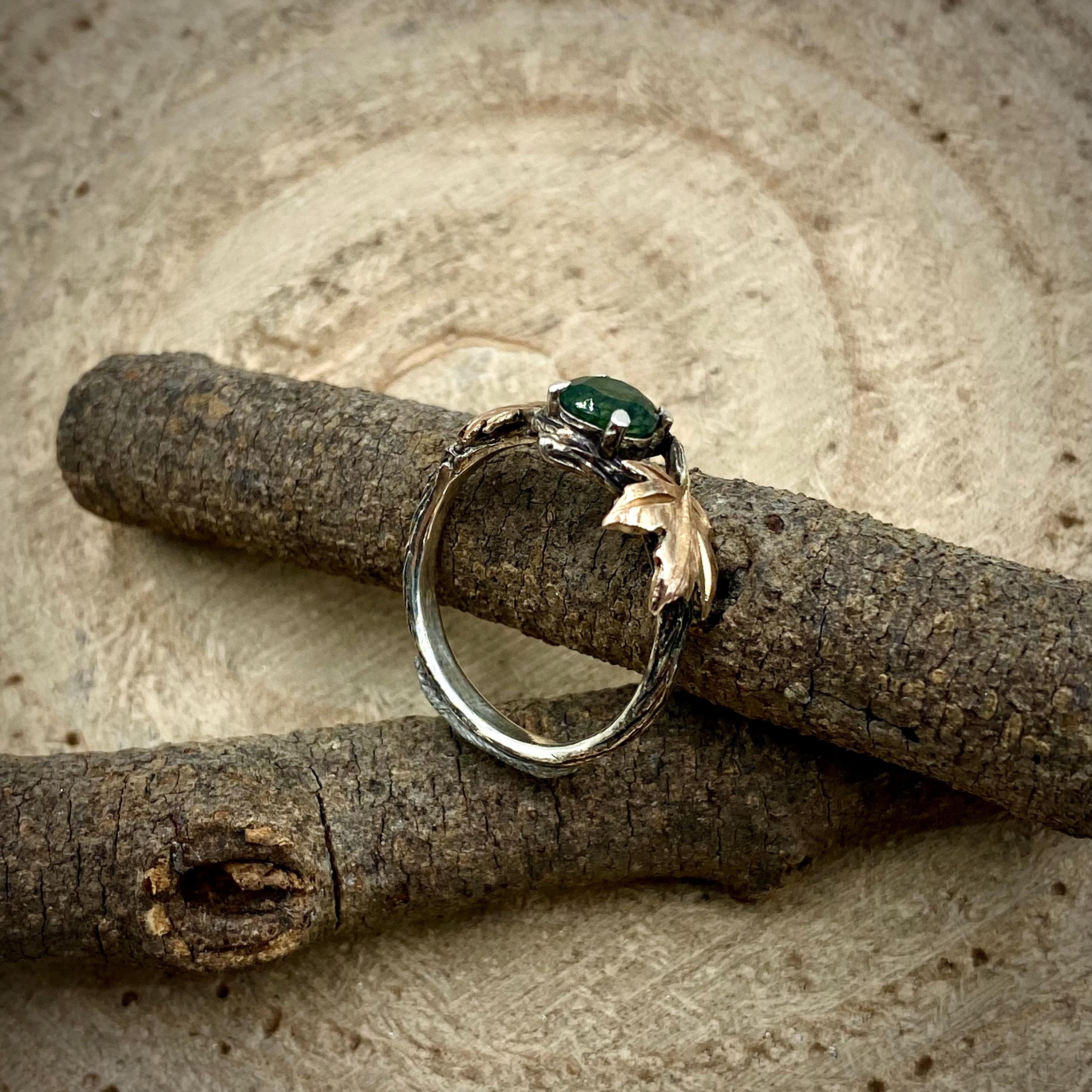 Hand Carved Sterling Silver Moss Agate Ring: Maple Leaf Twig Design, Tree Branch Ring, Engagement Gift, Wedding bridal band, Vintage