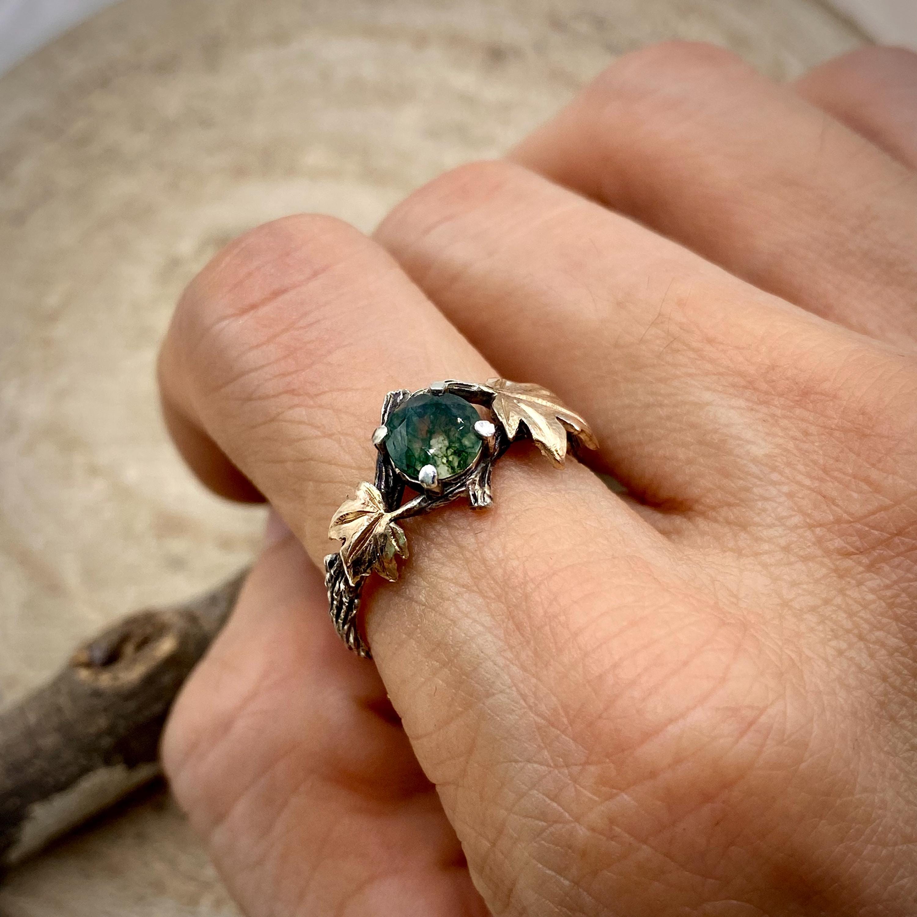 Hand Carved Sterling Silver Moss Agate Ring: Maple Leaf Twig Design, Tree Branch Ring, Engagement Gift, Wedding bridal band, Vintage