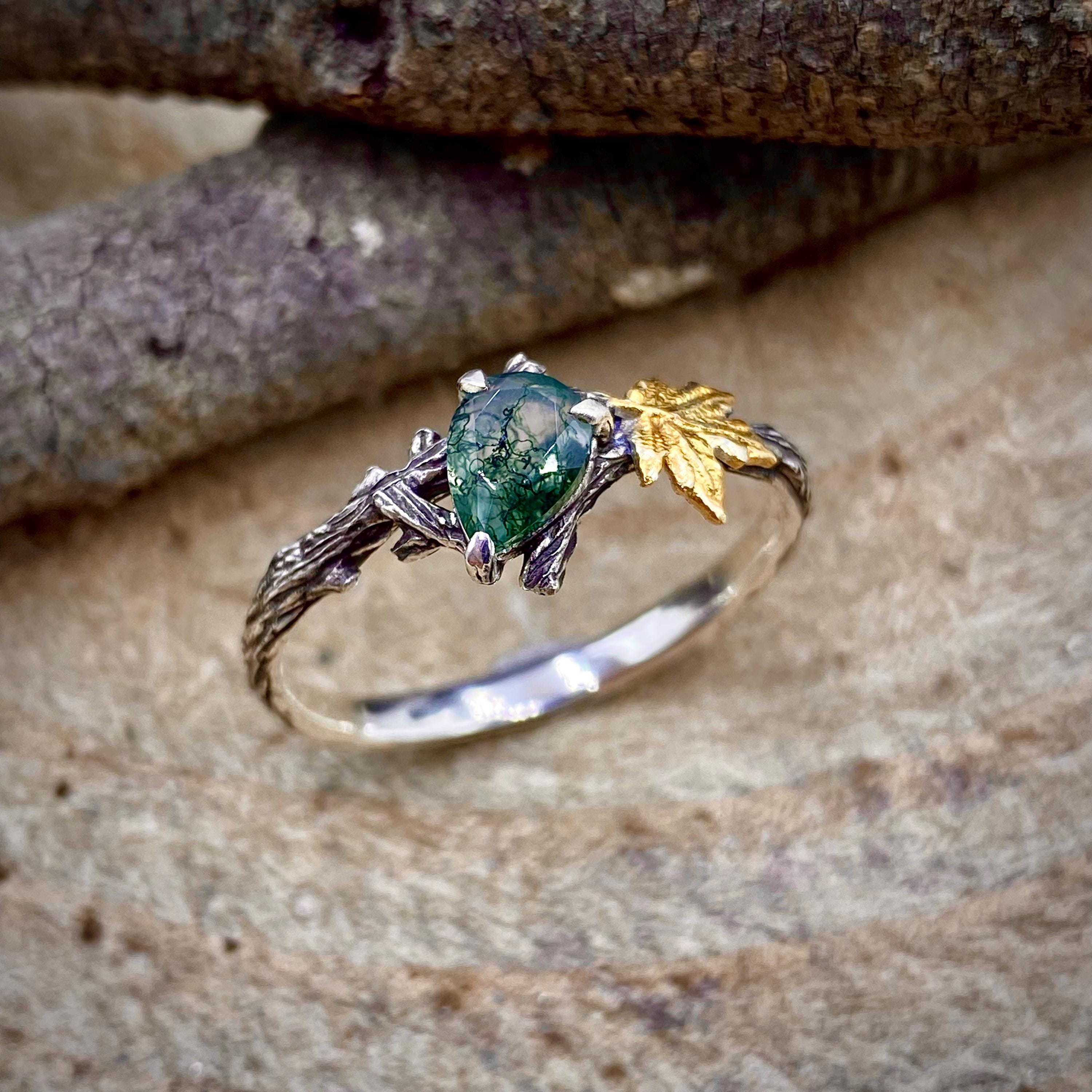 Natural moss agate sterling silver maple leaf branch ring, hand-carved with bark texture, personalized engagement ring, wedding twig ring