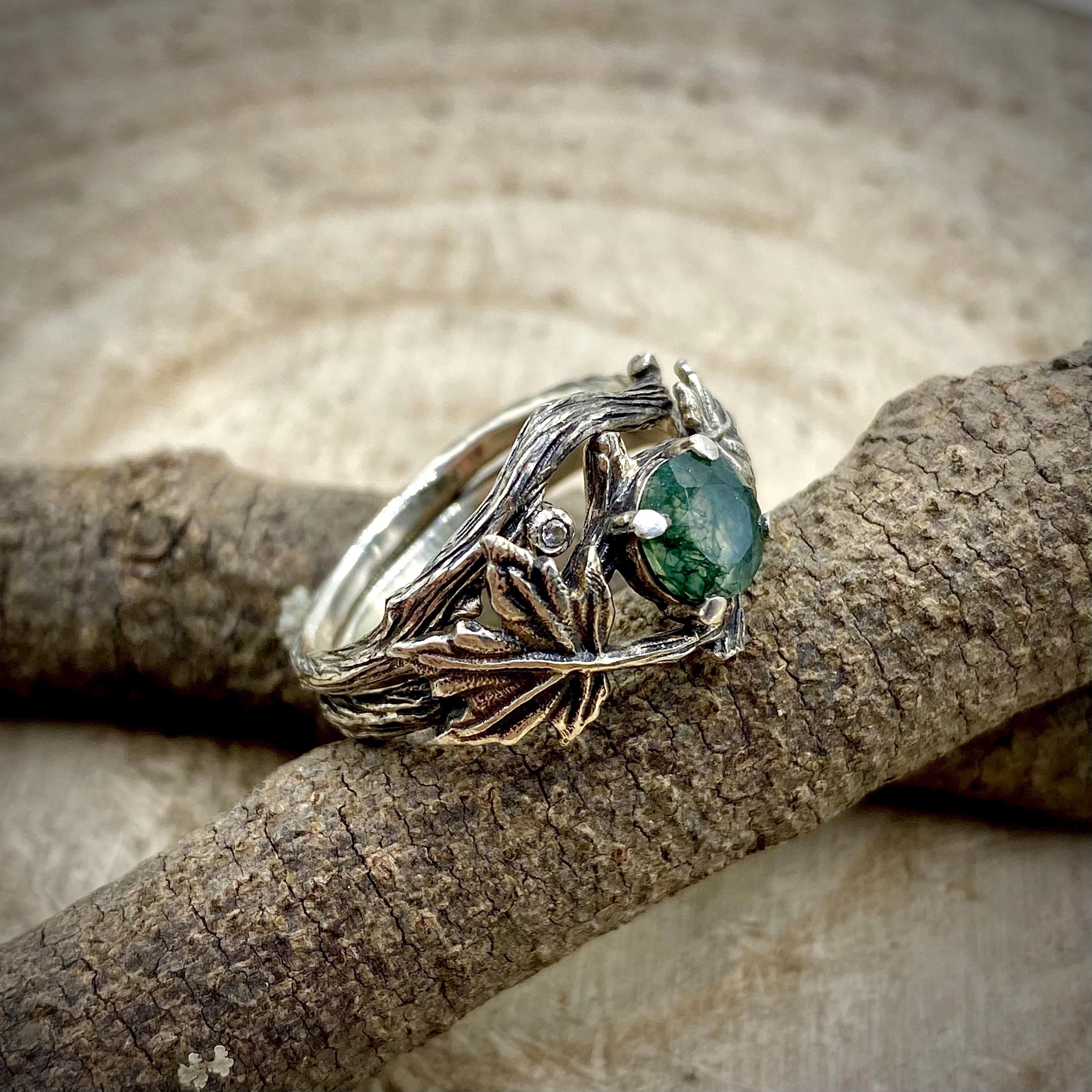 Natural moss agate silver branch ring: Stacking band, hand-carved wedding, twig and maple leaf, Wedding, Engagement, Custom gemstone