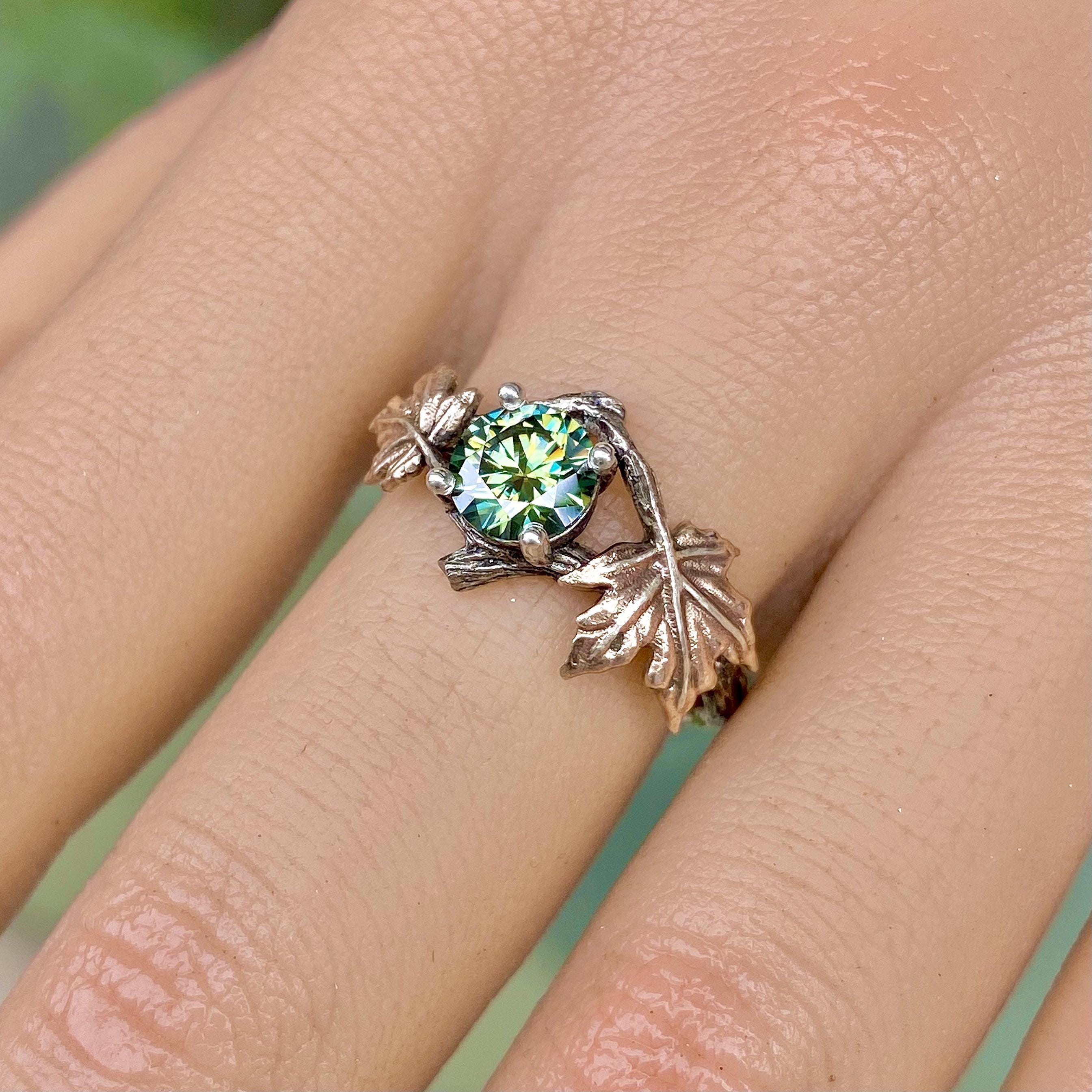 0.8 carat green moissanite tree branch ring, twig rustic rings, maple leaf ring, sterling silver engagement ring,  twig wedding ring