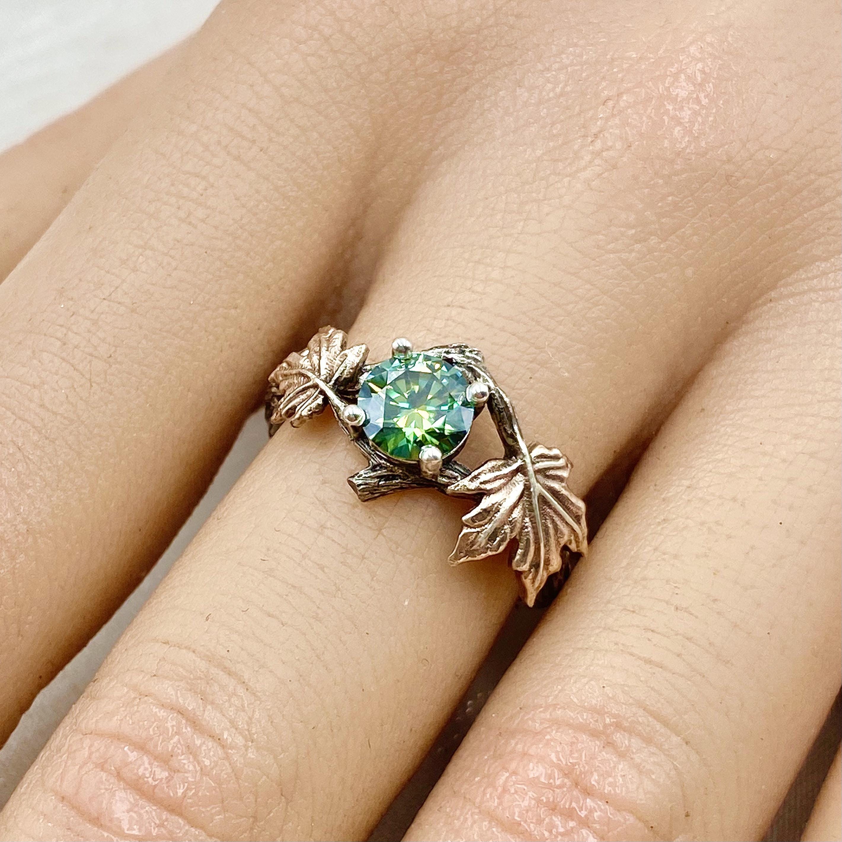 0.8 carat green moissanite tree branch ring, twig rustic rings, maple leaf ring, sterling silver engagement ring,  twig wedding ring