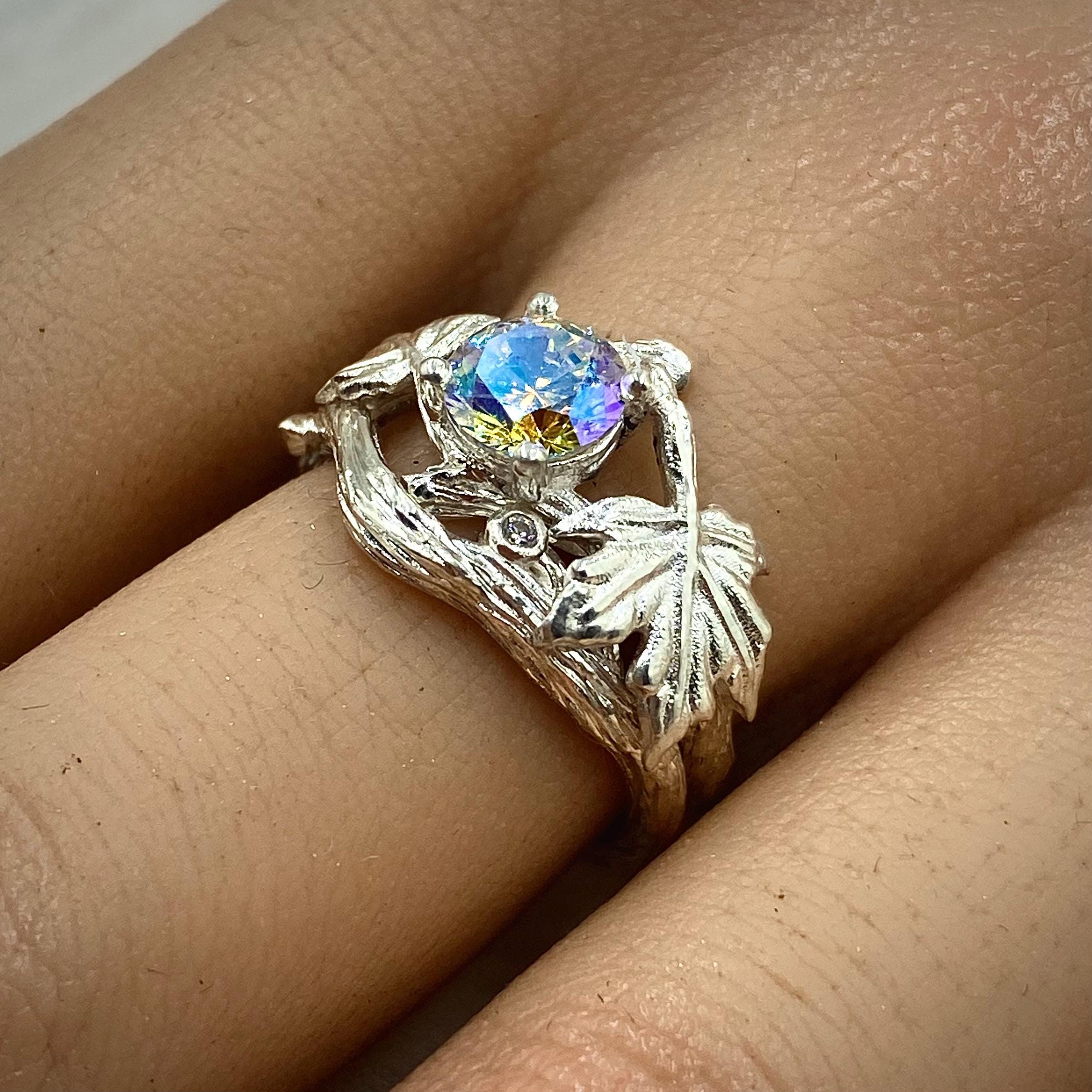 Sterling silver colored zircon maple leaf branch ring, stackable wedding twig ring, unique engagement ring set, custom gemstone