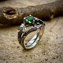 Vintage sterling silver emerald tree branch wedding ring, hand-carved tree pattern stacking twig ring, woodland maple leaf promise ring