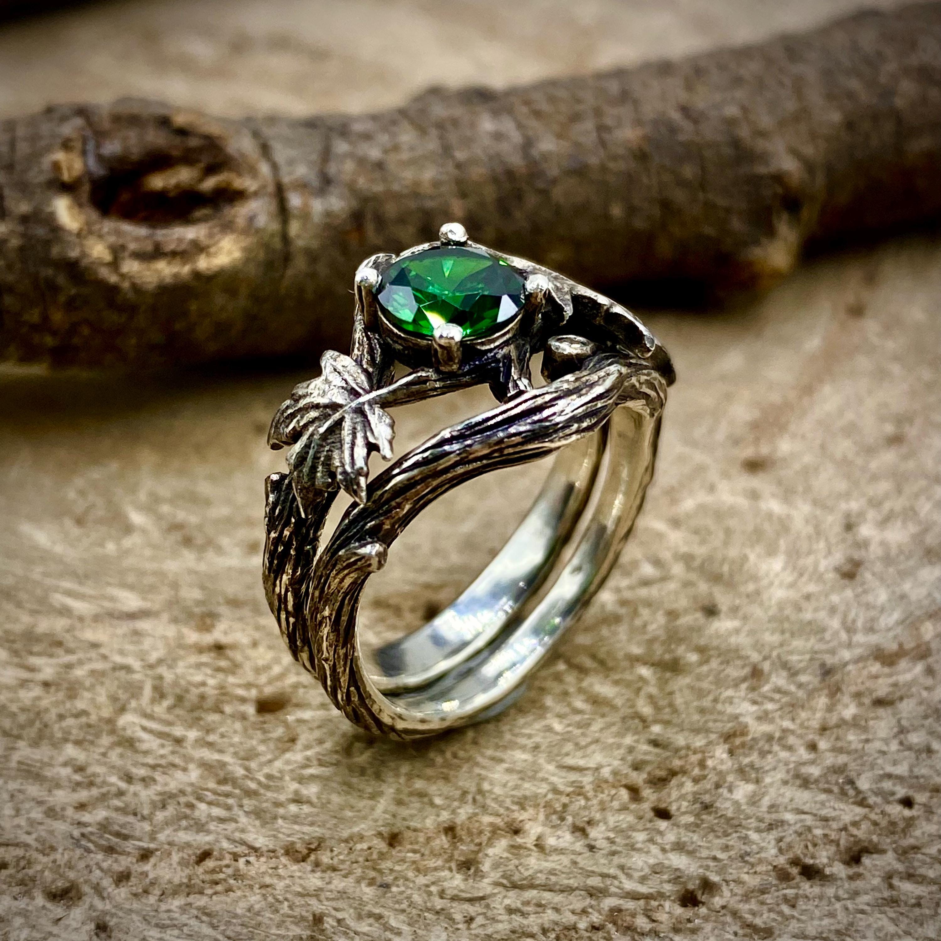 Vintage sterling silver emerald tree branch wedding ring, hand-carved tree pattern stacking twig ring, woodland maple leaf promise ring