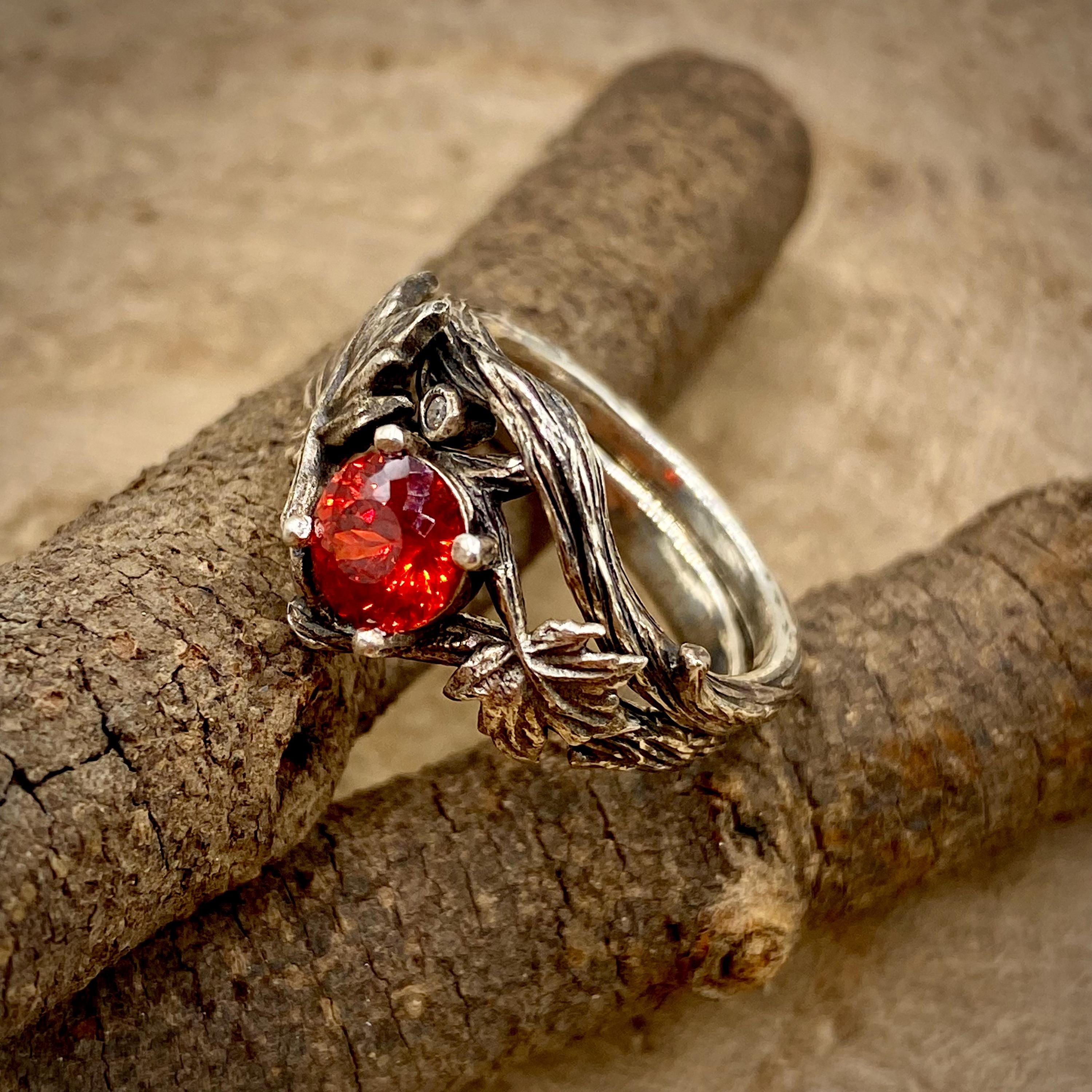 Sterling silver maple branch stacking wedding ring: padparadscha gemstone, hand-carved, custom stones, forests, woodlands