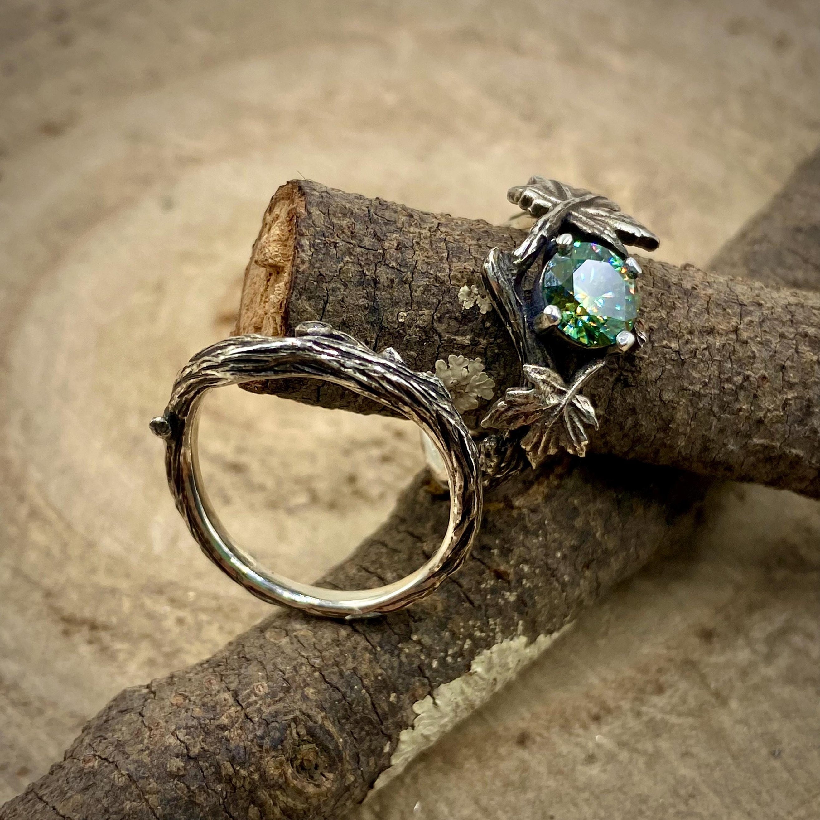 Sterling silver green moissanite leaf wedding ring: Maple leaves branch, hand-carved, twig engagement ring, woodland vintage