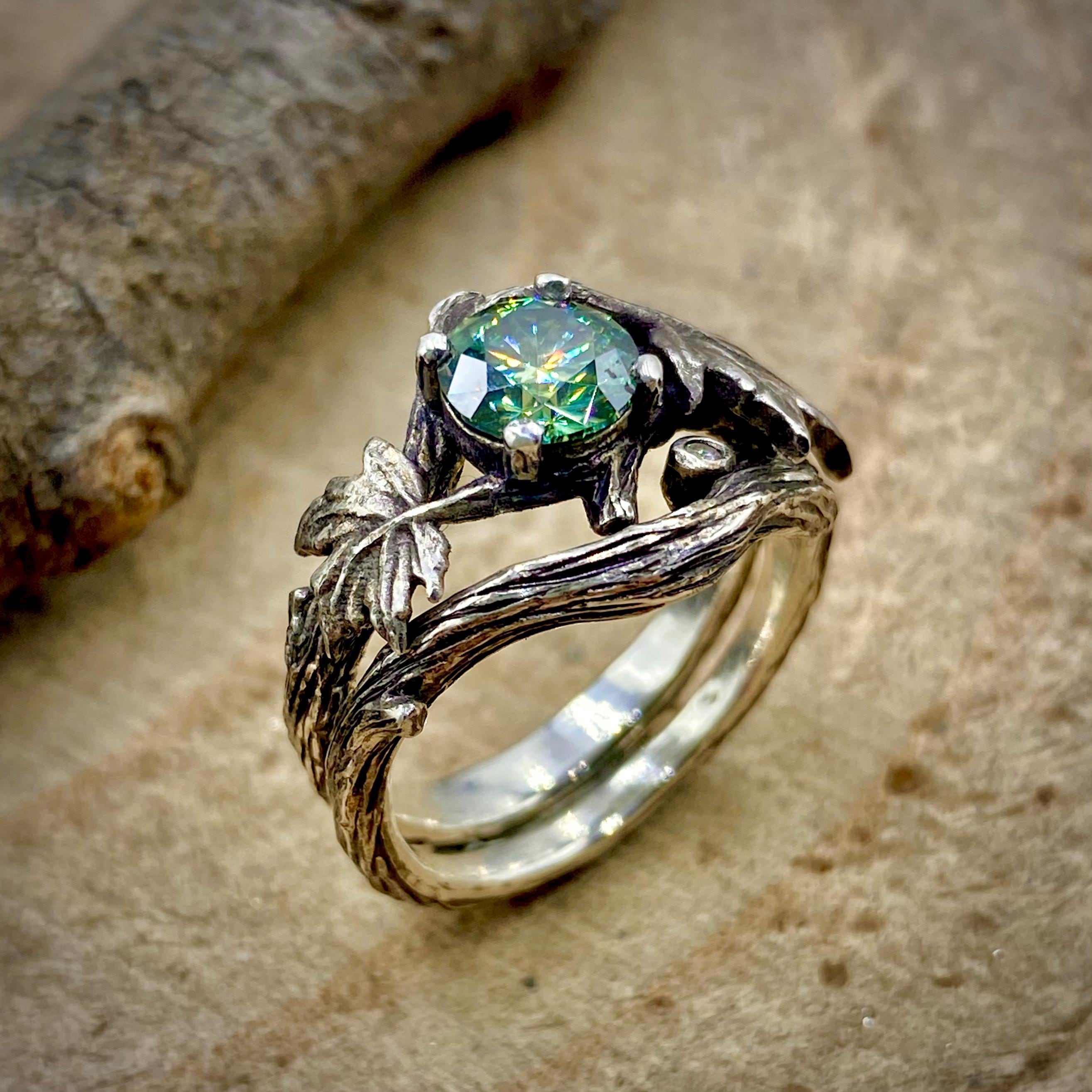 Sterling silver green moissanite leaf wedding ring: Maple leaves branch, hand-carved, twig engagement ring, woodland vintage